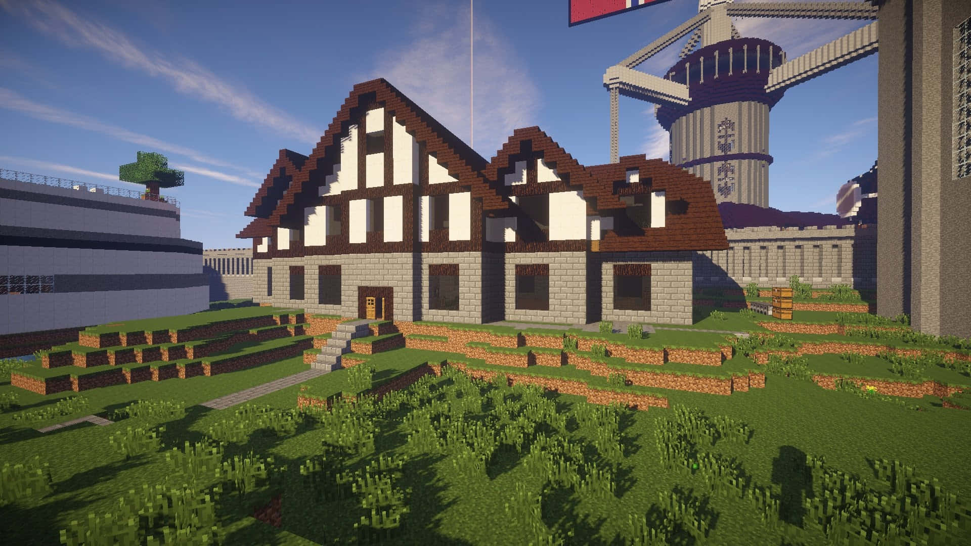 Minecraft中的半木造房屋，草地露台和現代建築在藍天下