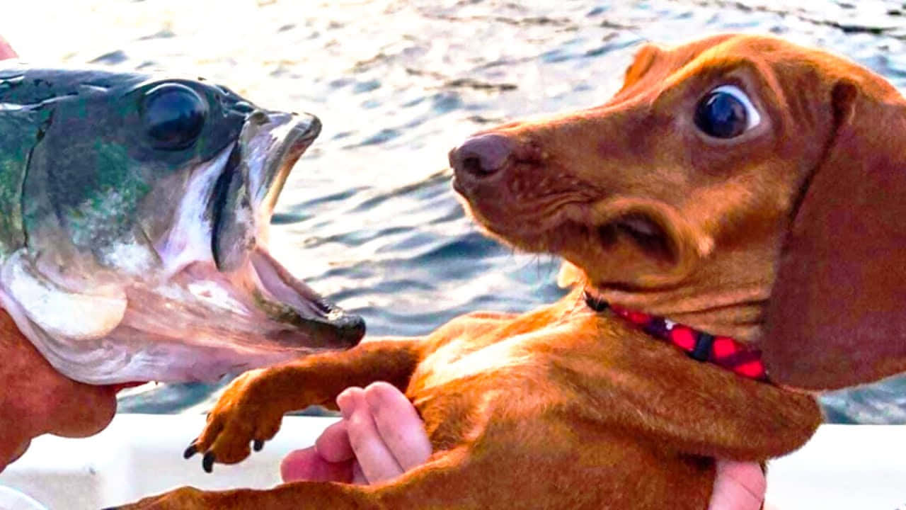 一隻臘腸犬看起來很驚訝，因為船上有人把魚靠近牠的臉。