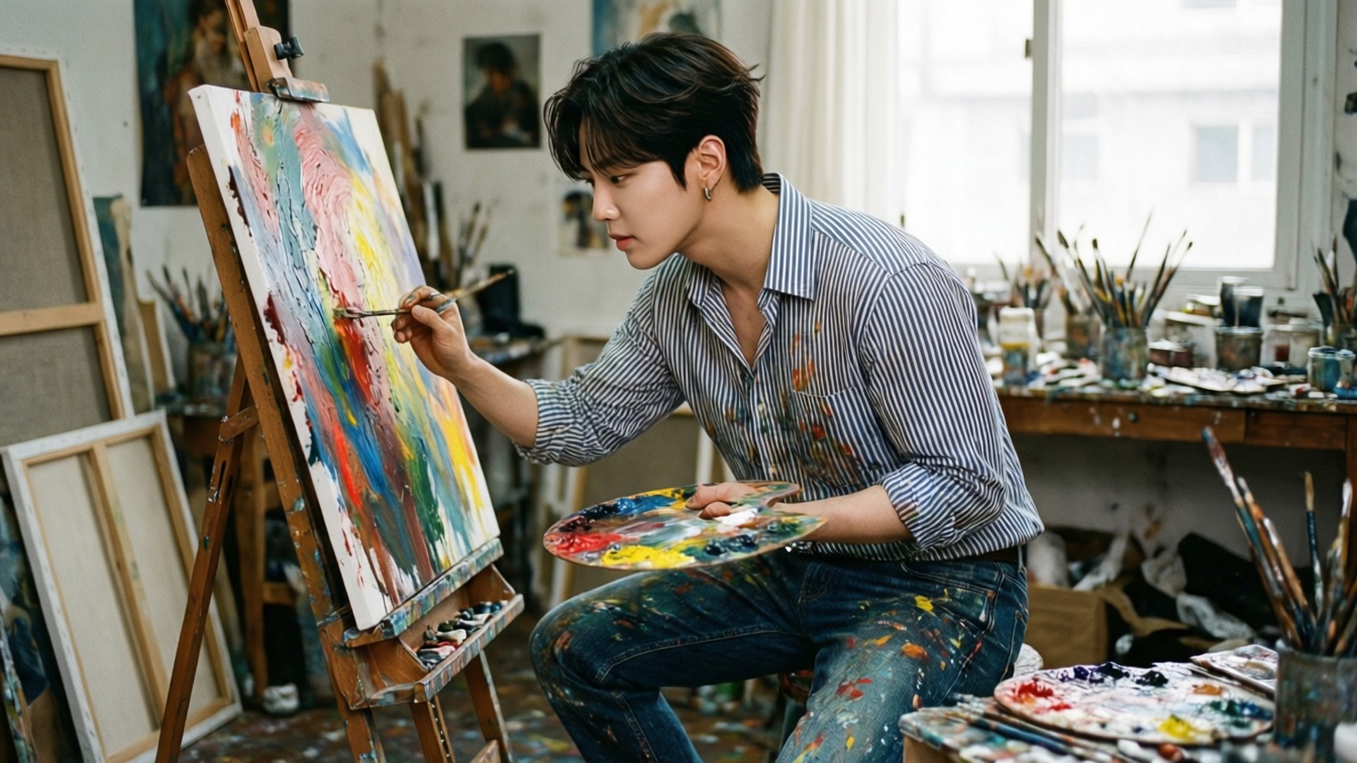 年輕藝術家在陽光工作室中在畫布上繪畫，衣服上有油漆污漬
