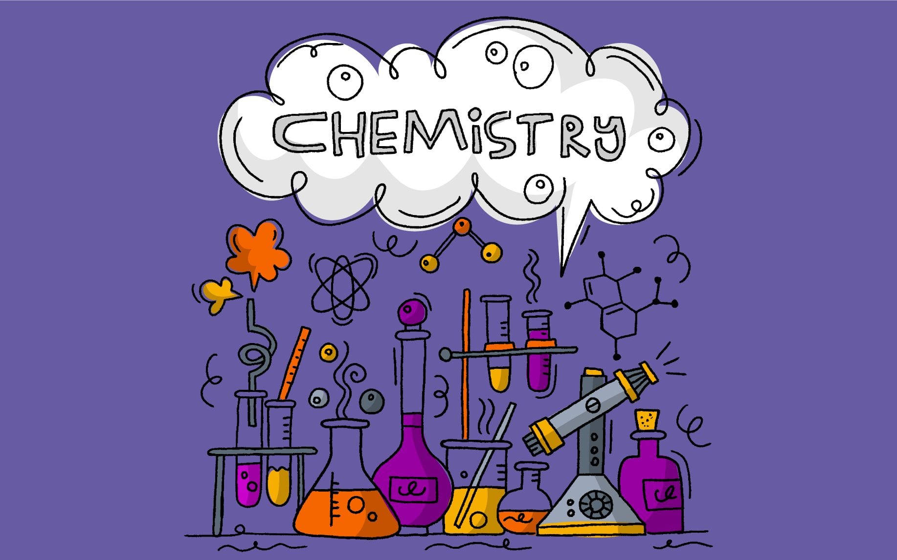 創意雲朵紫調化學 壁紙 — 一幅卡通插圖，描繪色彩繽紛的化學實驗室設備，附有對話框寫著「化學」，背景為紫色。