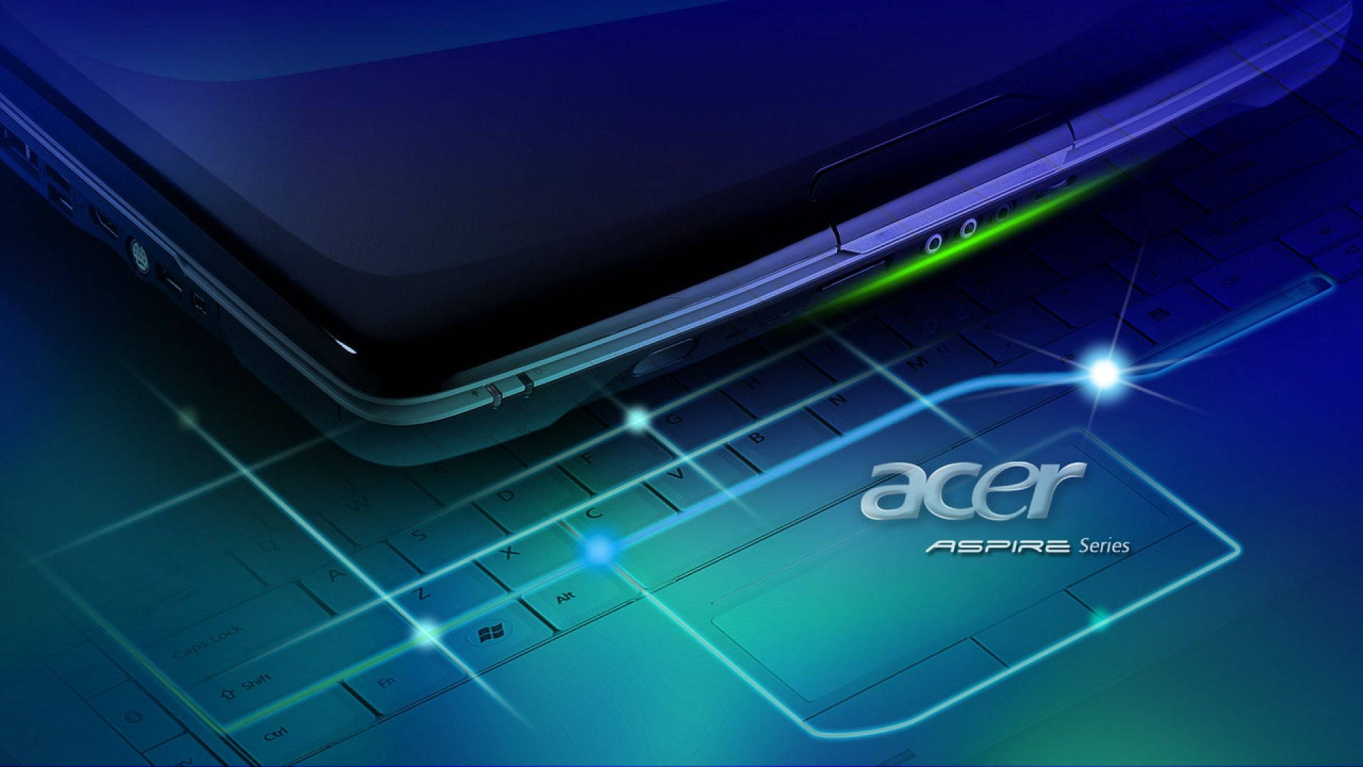 Acer Aspire 手提電腦，鍵盤上帶有發光藍色和綠色燈光效果。