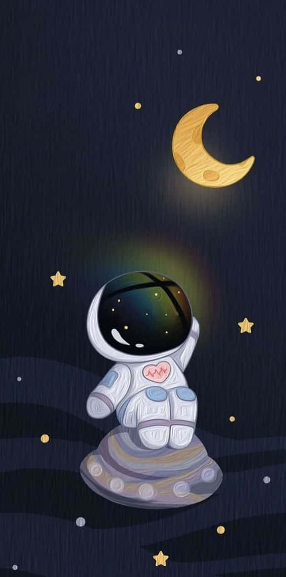 一個帶有心形標誌的卡通太空人在星星間的彎月下漂浮。