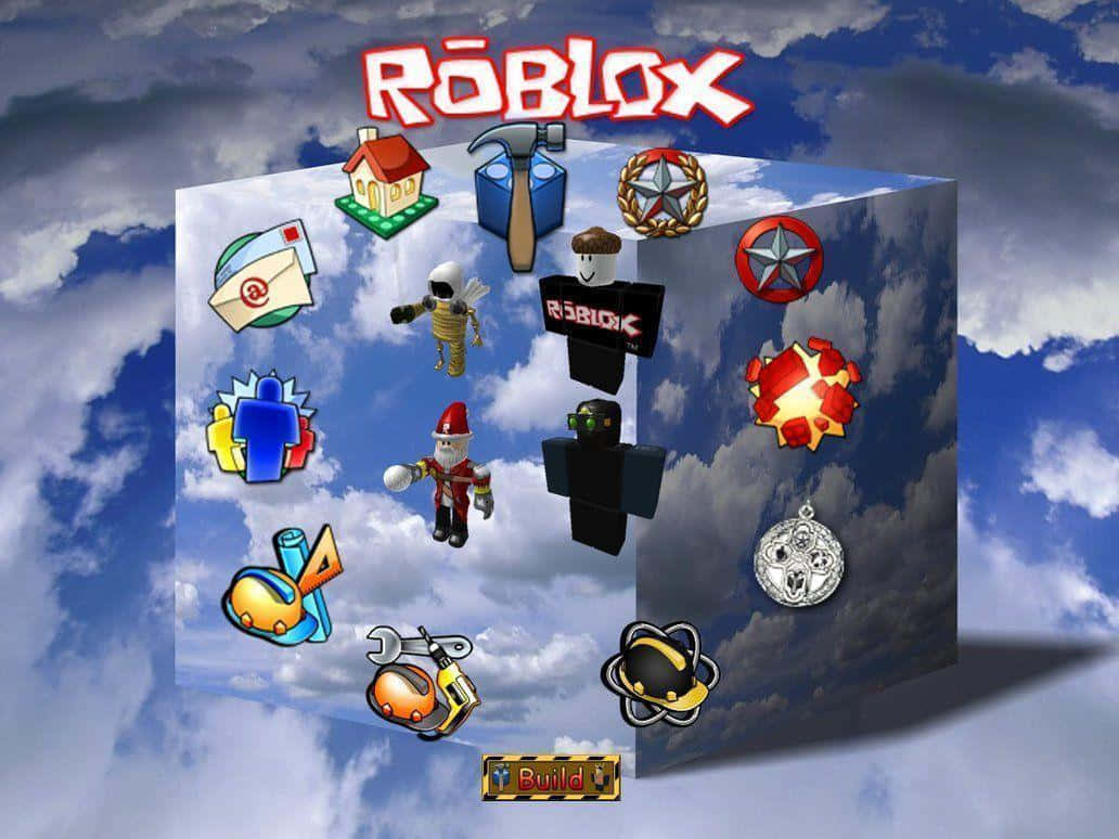 Roblox 遊戲圖標漂浮在一個立方體周圍，背景是多雲的天空。