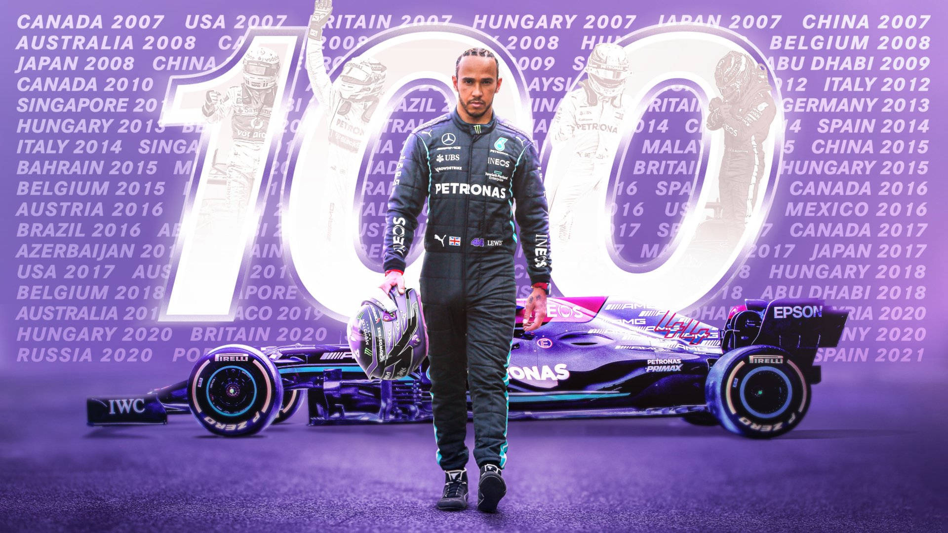 劉易斯·咸美頓以他的F1賽車和賽車歷史背景慶祝100場勝利。