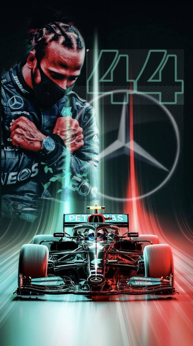 F1車手44號站在他的平治賽車旁，霓虹燈數碼藝術。