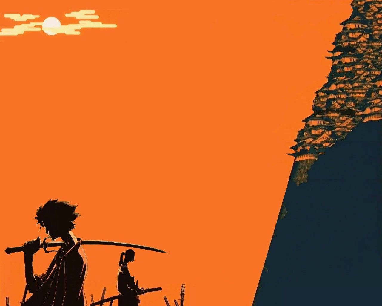 兩個武士戰士以剪影形式映襯著橙色夕陽，俯瞰懸崖村莊。
