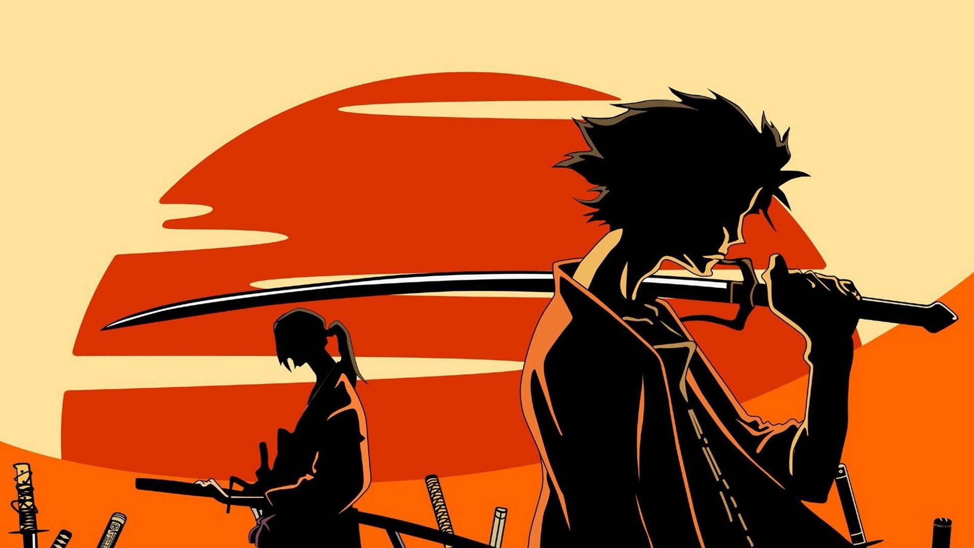 兩個動漫武士戰士持劍對著紅色夕陽。