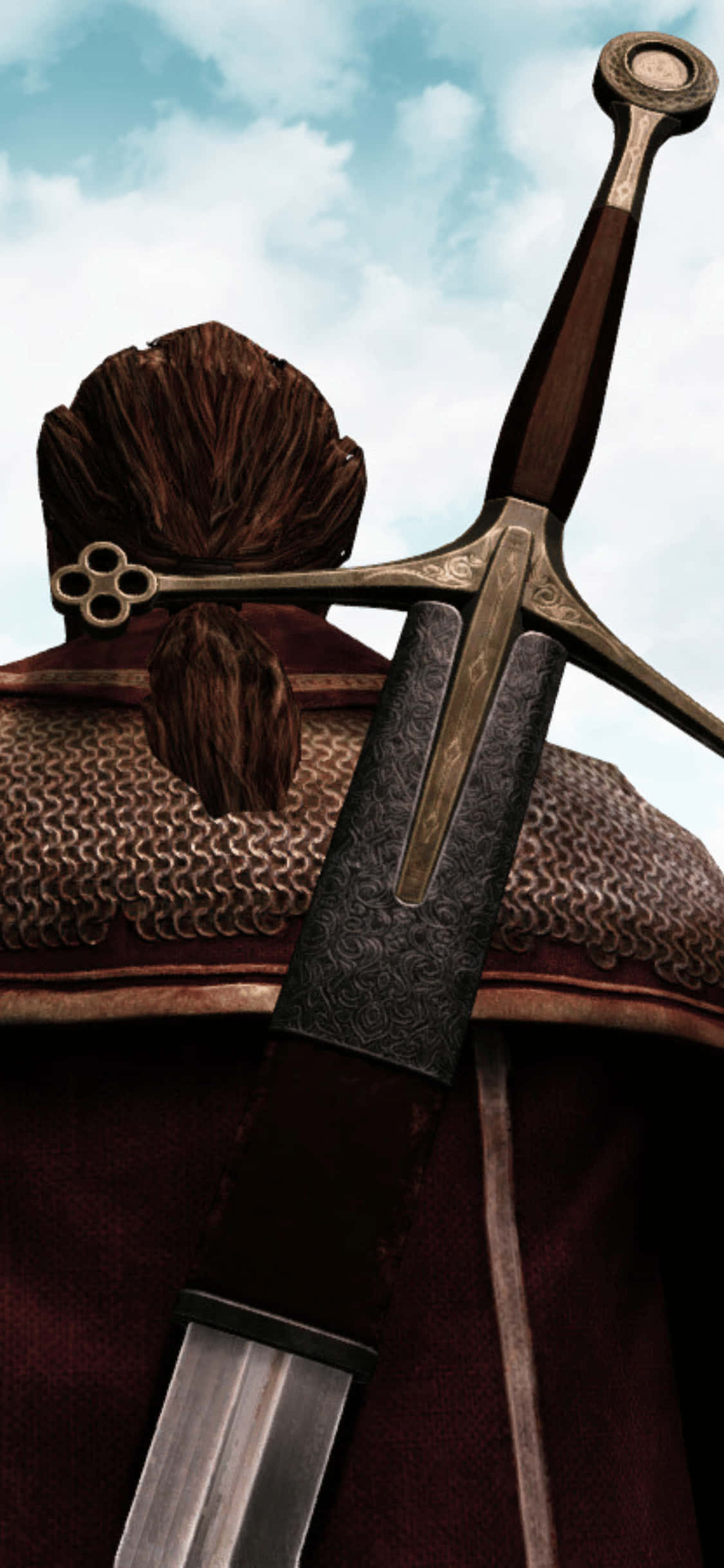 劍士 iPhone XS Mordhau 背景 壁紙 — 一名身穿鎖子甲和紅色斗篷的騎士，在陰雲密佈的天空下手持一把細節華麗的劍。
