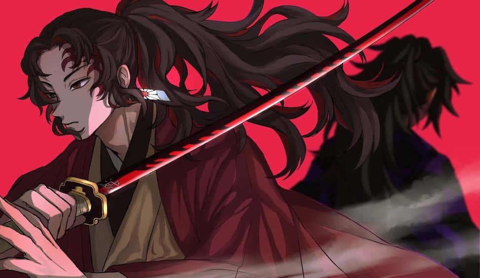 劍士糸色龍專注的眼神 壁紙 — 一個意志堅定的動漫武士，長長的黑髮，在鮮紅色的背景下握著一把紅劍，身後有一個陰影人物。
