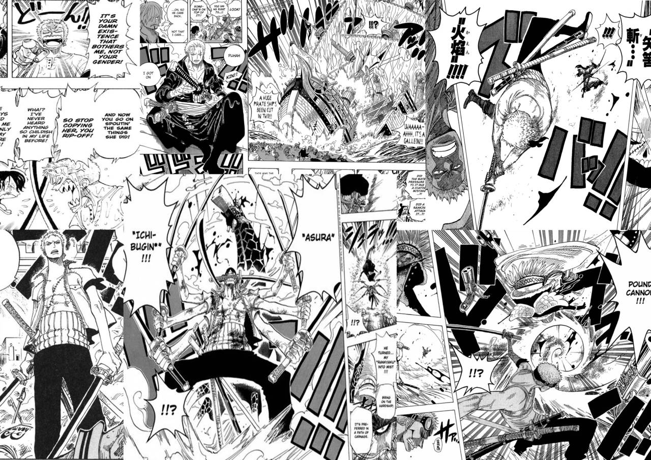 劍士羅羅諾亞·索隆漫畫分鏡 壁紙 — 動態黑白漫畫面板描繪了激烈的劍鬥，充滿爆炸性能量和戲劇性的角色表情。