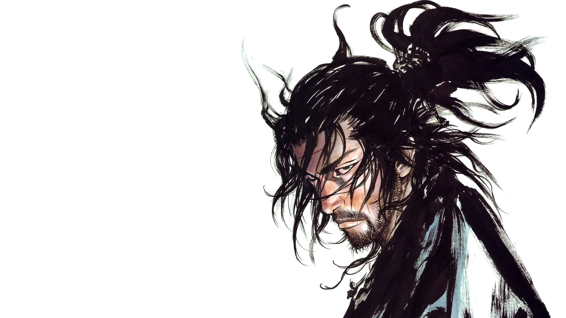 動漫戰士，狂野黑髮，表情強烈，白色背景