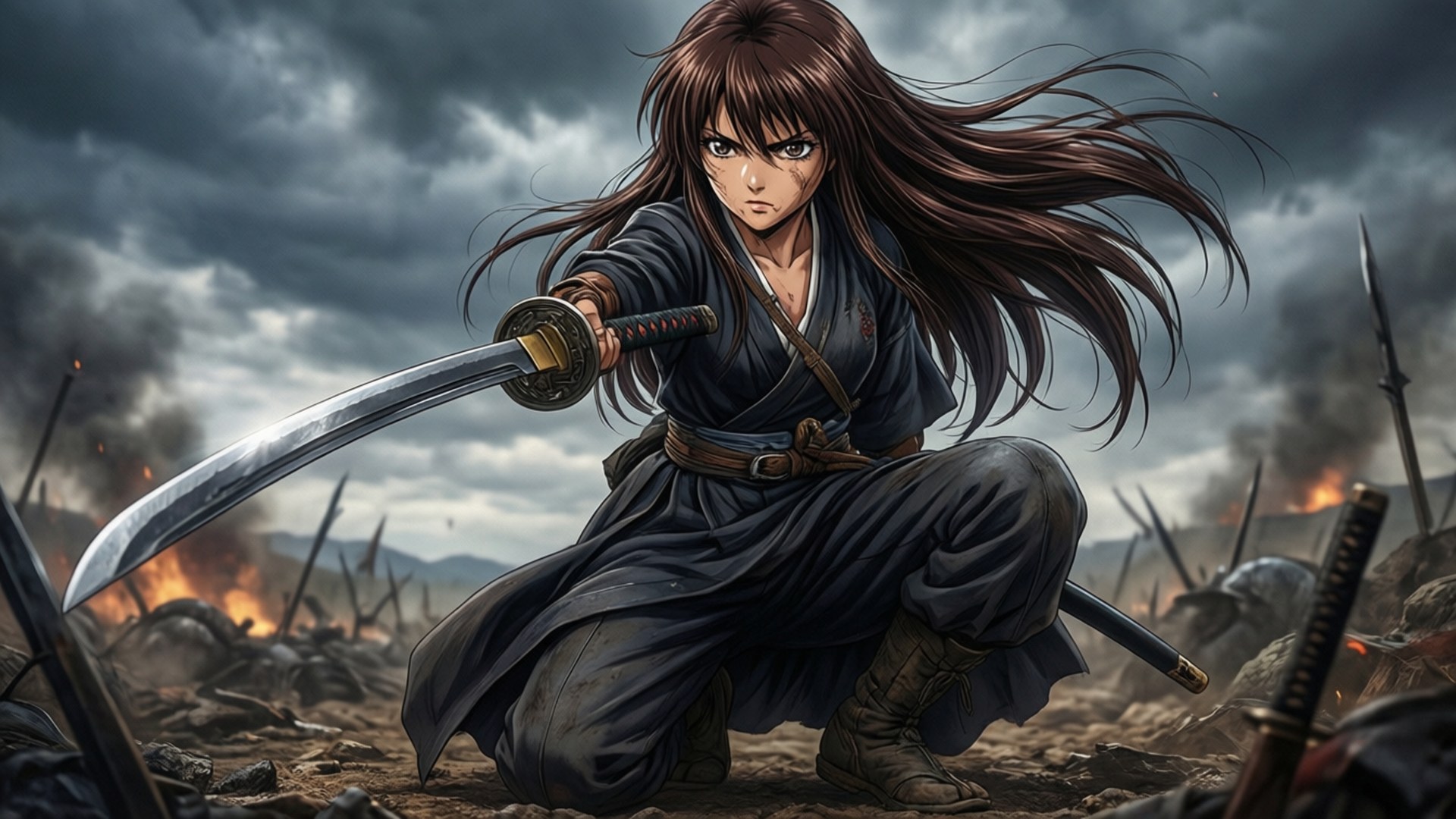 女武士跪在戰場煙火中持刀