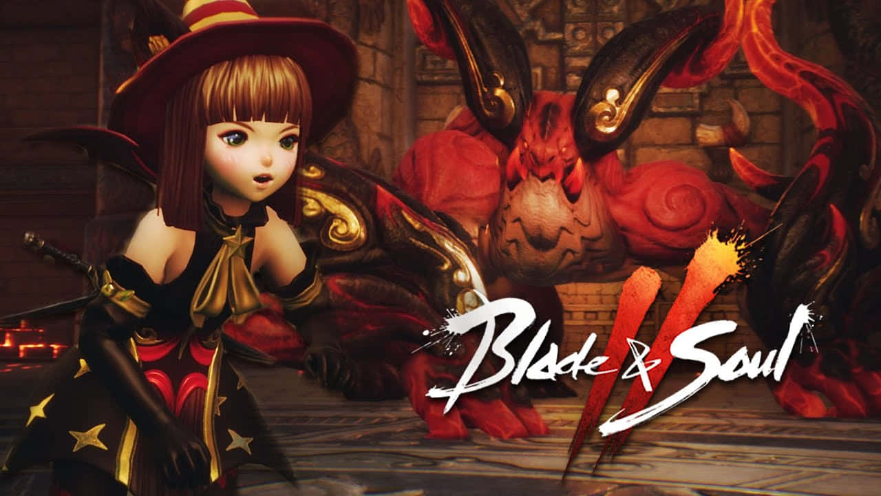 一位年輕女巫在 Blade & Soul 的火焰地牢場景中對抗紅色惡魔。