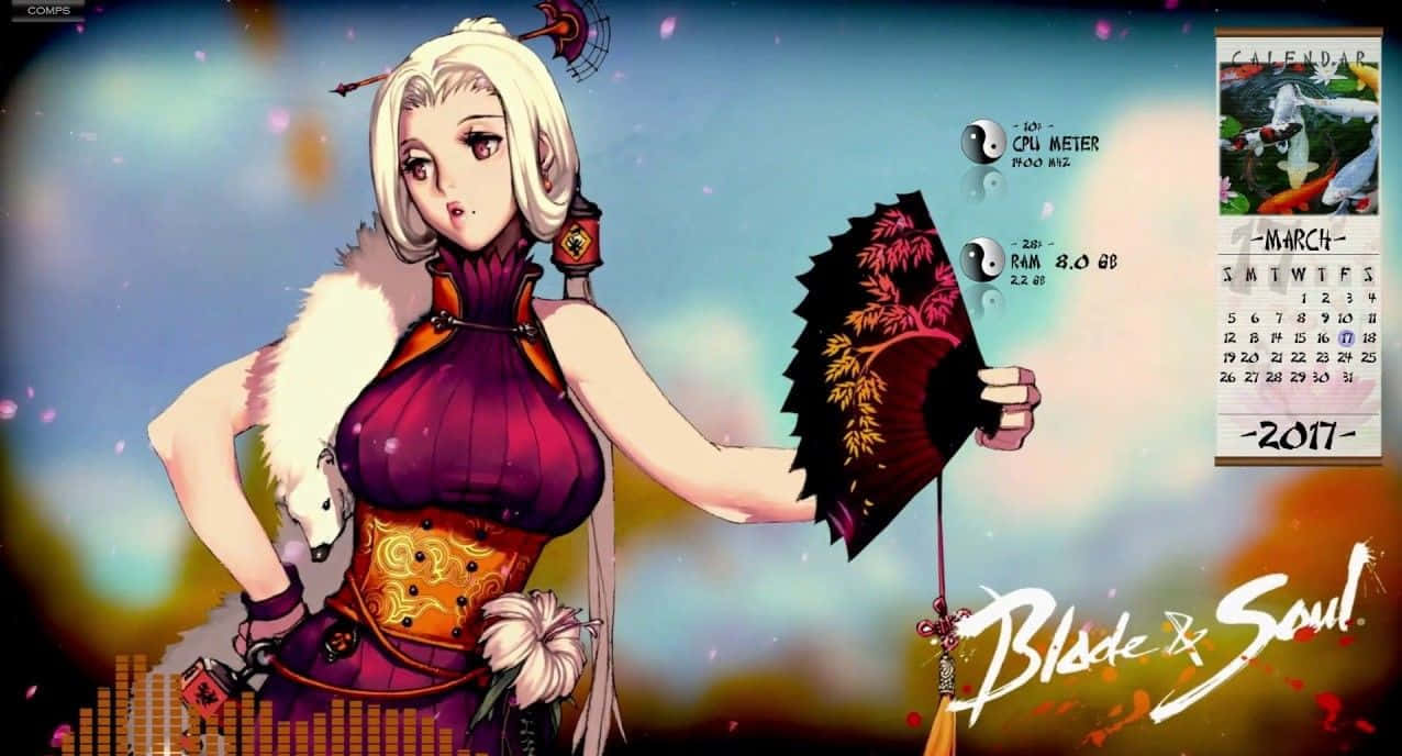 穿著紫色服裝的動漫角色手持扇子，帶有日曆和系統統計疊加層。