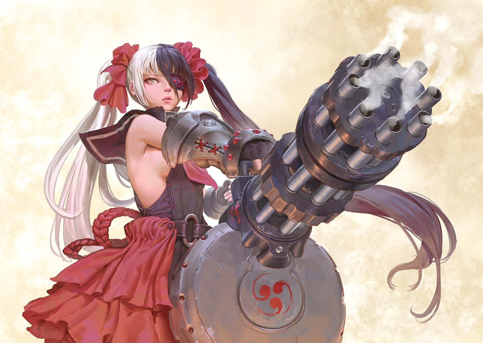動漫女孩帶著紅色蝴蝶結，瞄準一把冒煙的大型迷你槍。