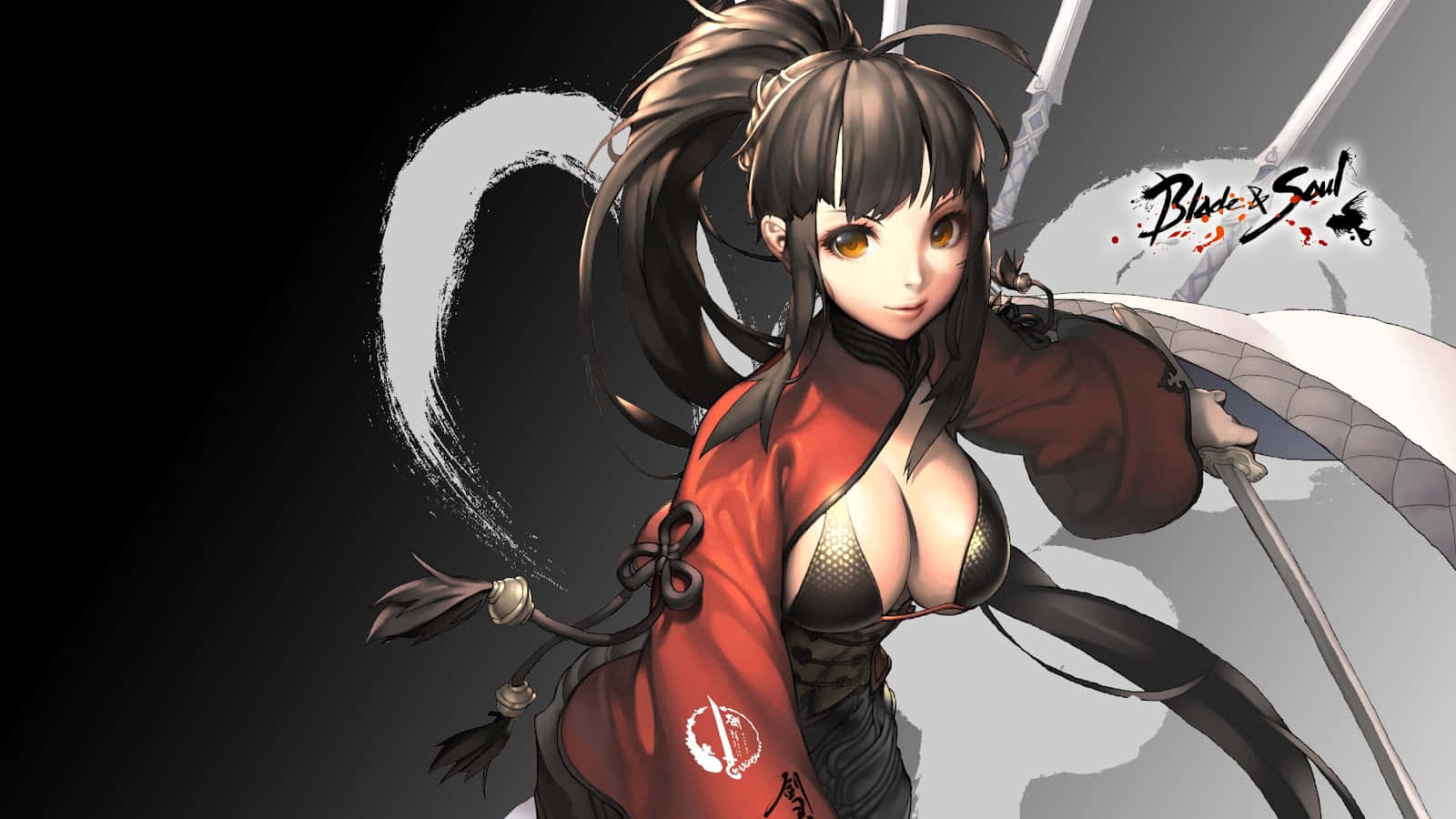 動漫女戰士身穿紅色盔甲，手持劍，身後有旋轉的能量。