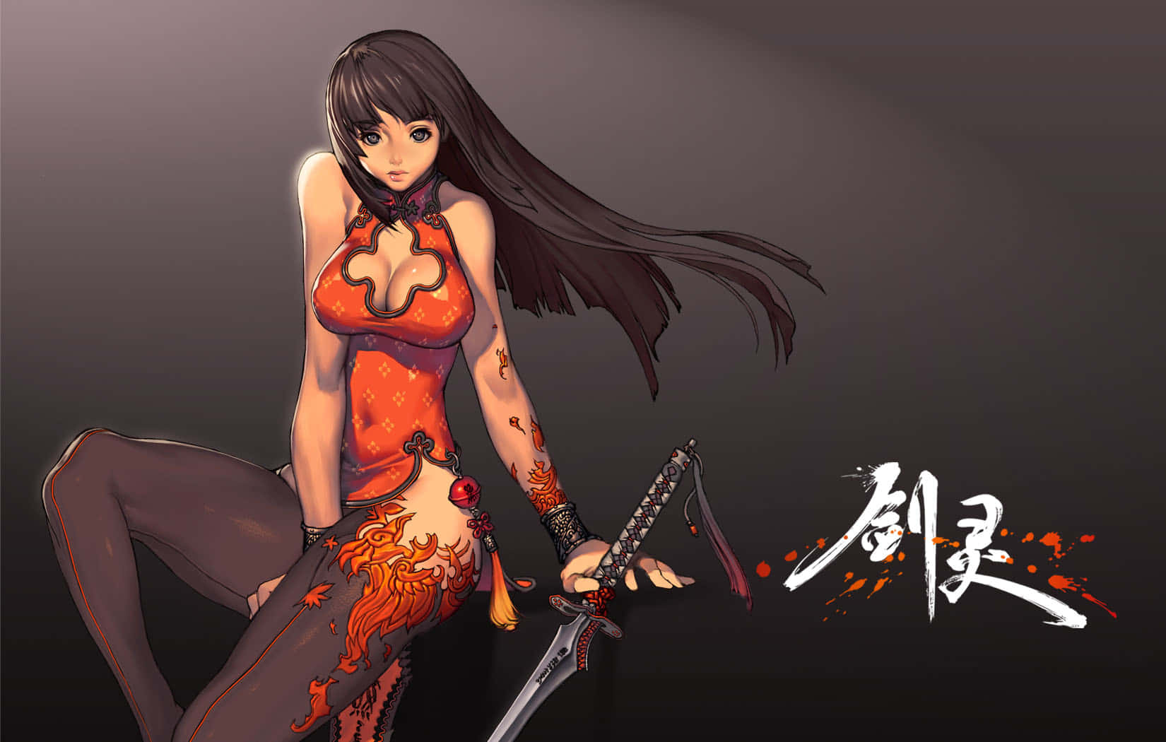 動漫女戰士，長黑髮，橙色火焰紋身，手持劍。