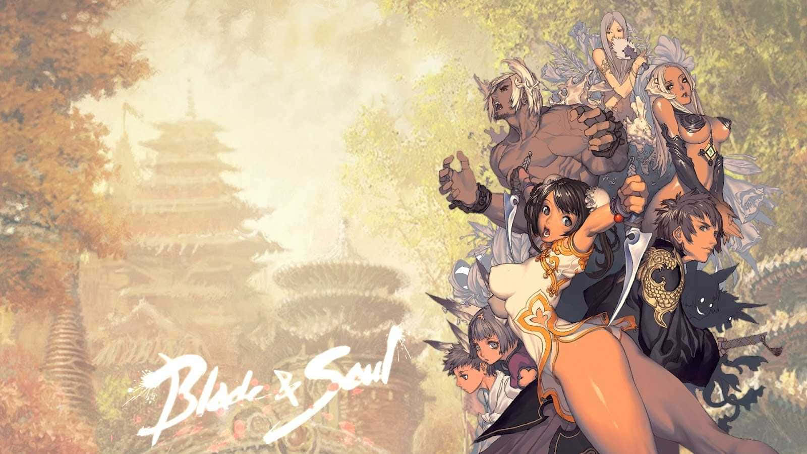來自《劍靈》的動漫角色在秋天站在寶塔前。