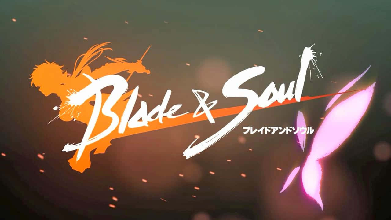 Blade & Soul 遊戲標誌，橙色戰士和粉紅色劍在黑暗背景上。