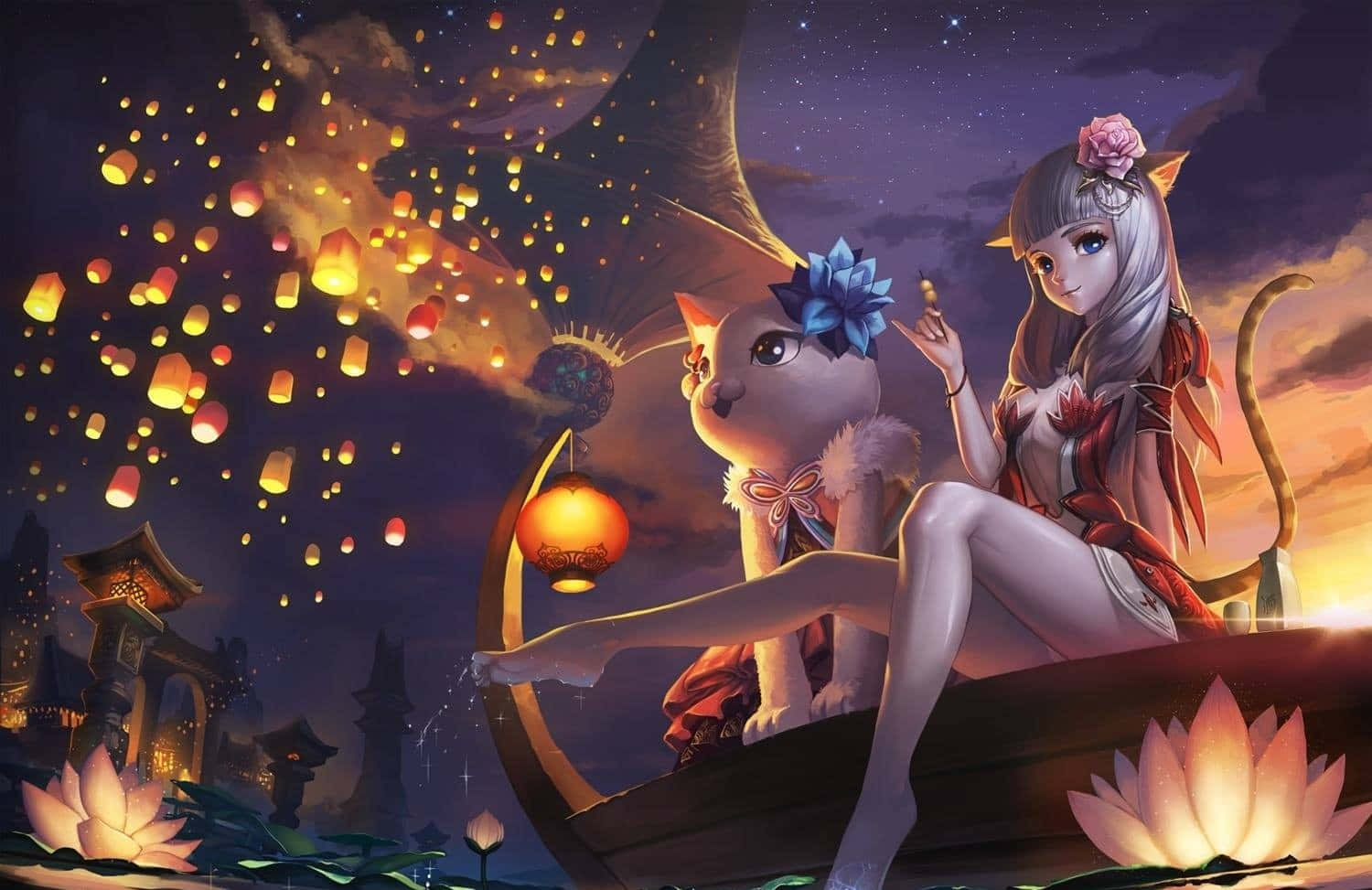 女孩和貓在船上夜間釋放燈籠，伴隨著發光的蓮花。