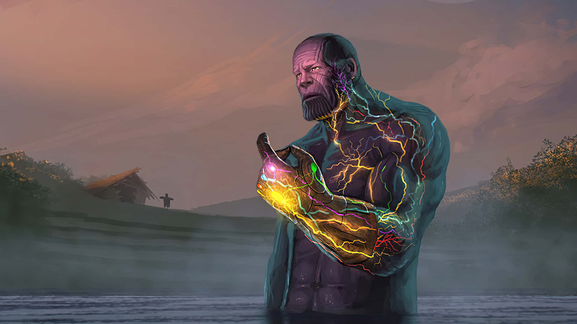 薩諾斯在水中手持發光手套，暮色中帶閃電效果。