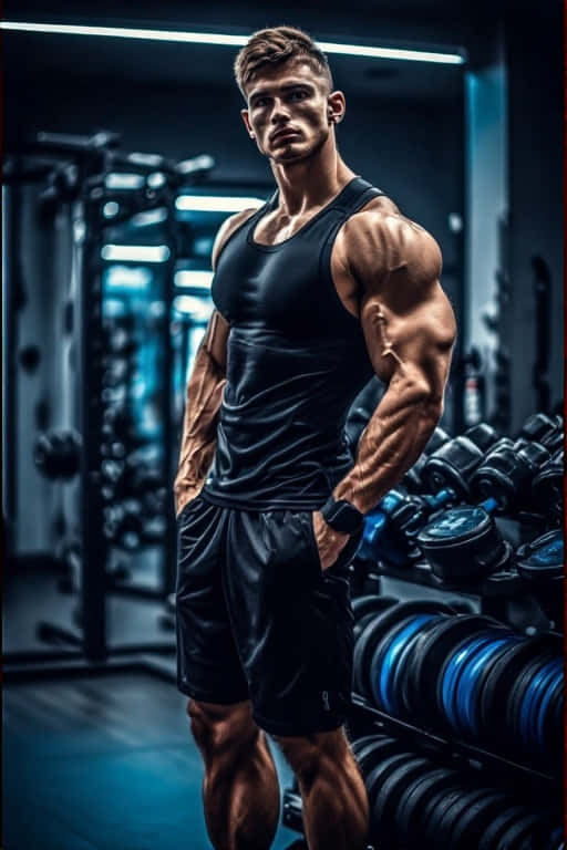 一個肌肉發達的男人穿著黑色運動服，站在一個有藍色燈光和啞鈴的健身房裡。
