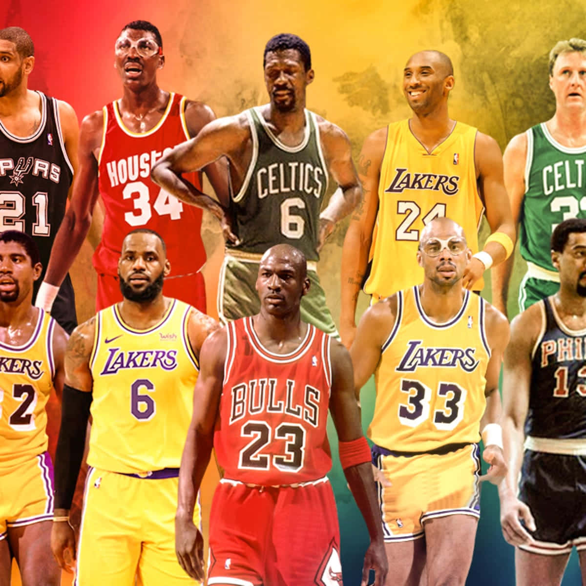 標誌性NBA籃球運動員穿著球隊制服一起擺姿勢。