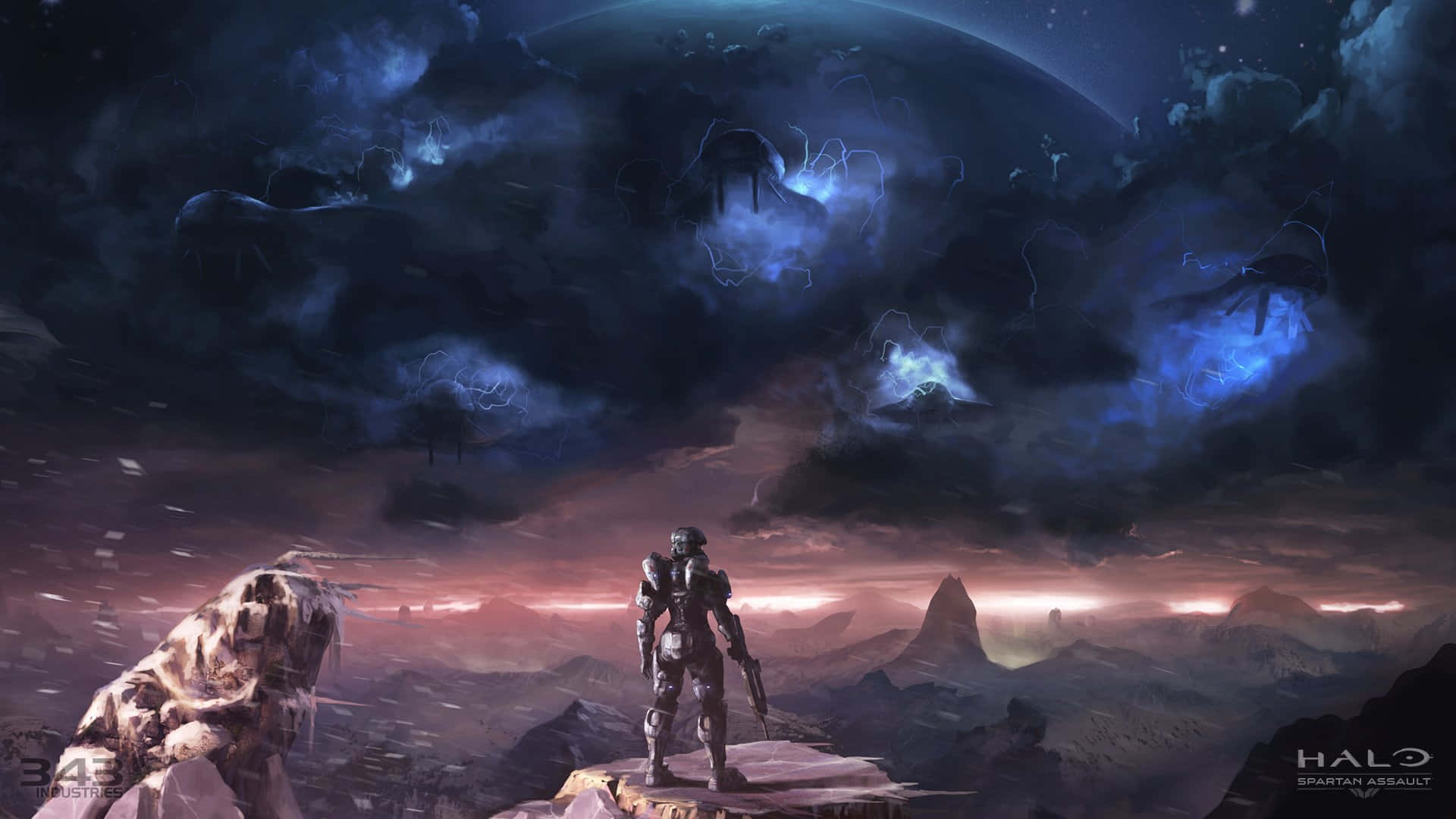 斯巴達戰士在外星行星上，風暴天空下，有發光的雲