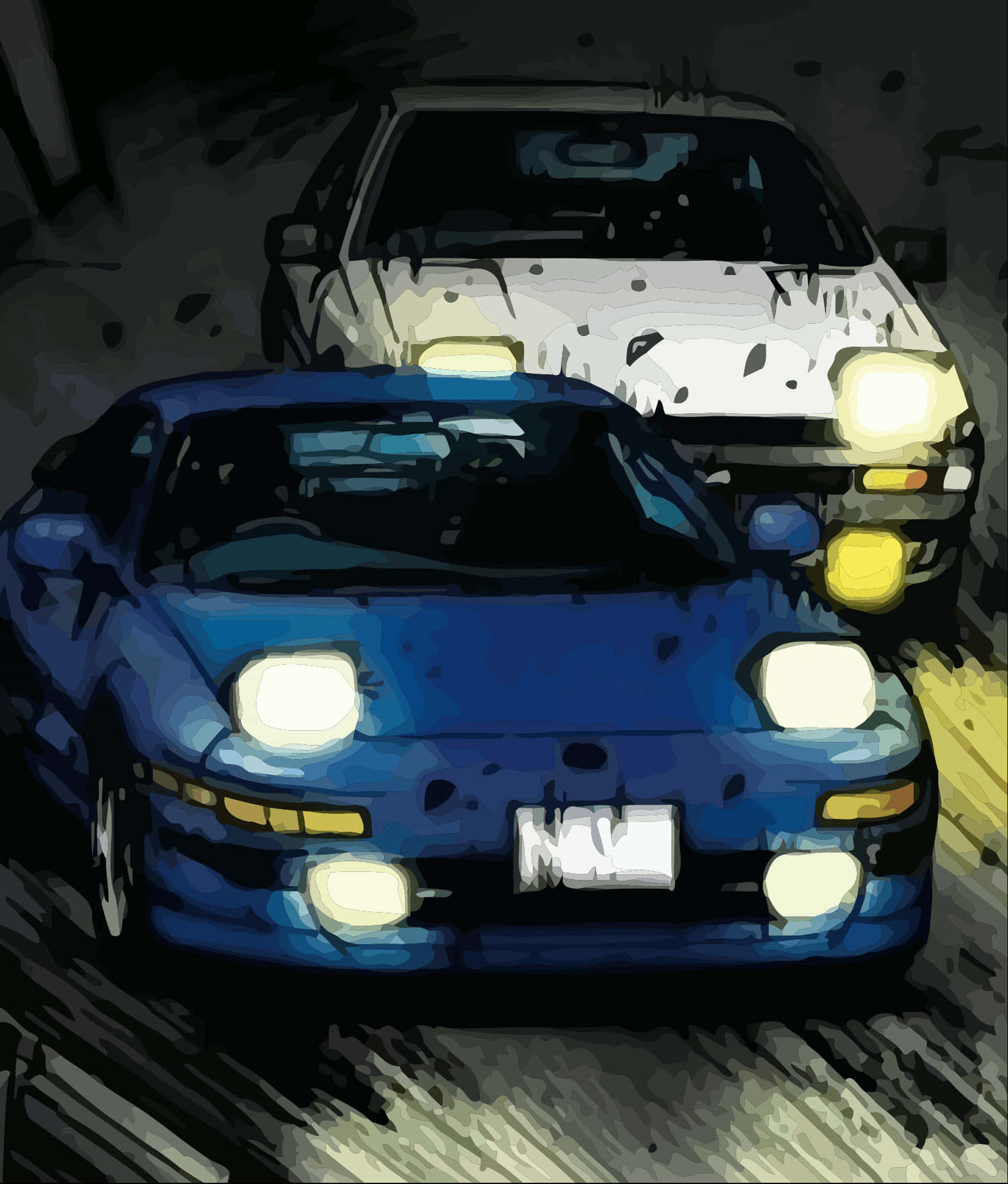 力量與精準——《頭文字D》中的藍色斯巴魯Impreza WRX STi 壁紙 — 兩輛帶有發光車頭燈的復古跑車，在黑暗的隧道中奔馳，帶有條紋運動模糊效果。