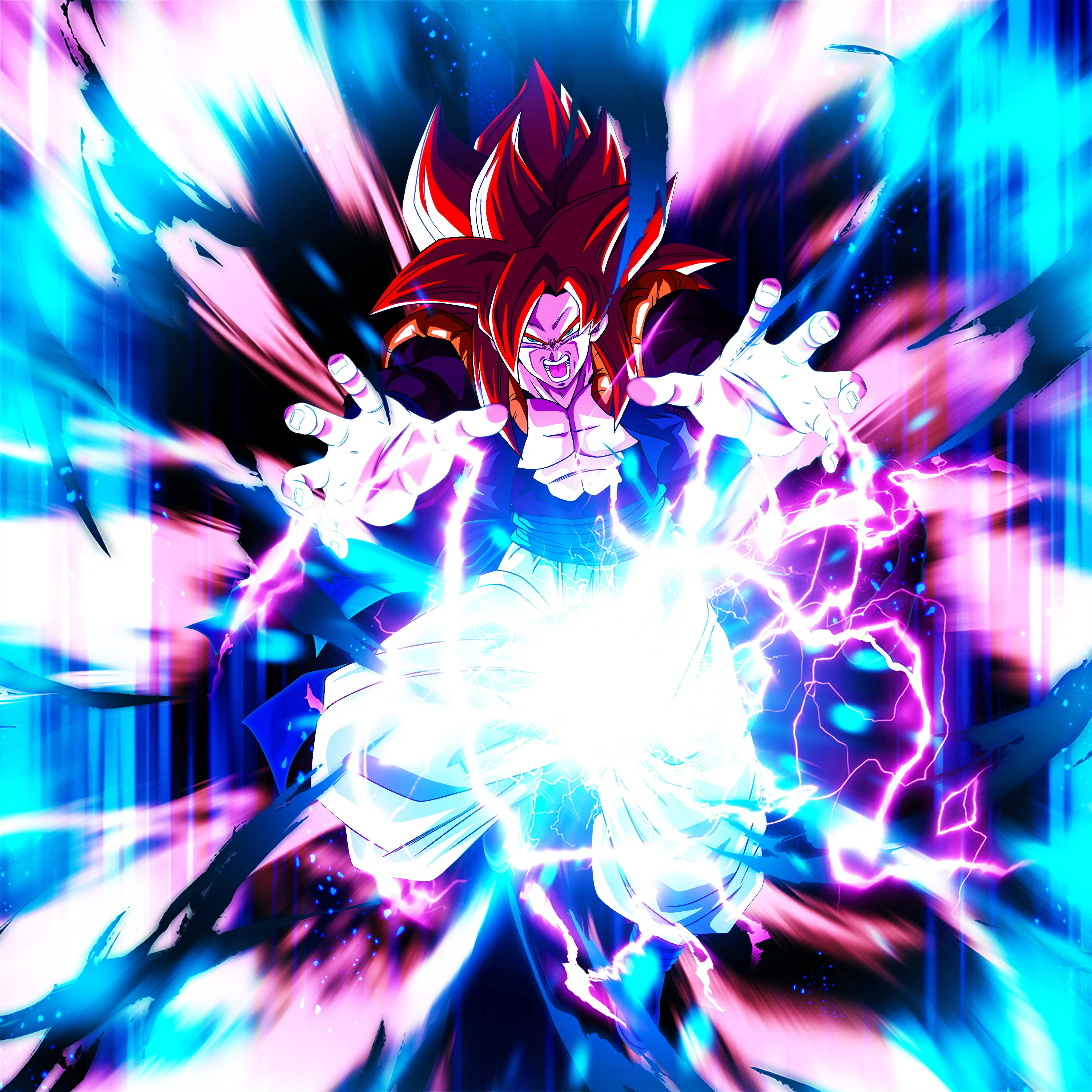 「力量融合 - Gogeta 開放」 壁紙 — 一位擁有紅髮的強大動漫戰士釋放出被電光藍色和紫色條紋包圍的發光能量爆炸。