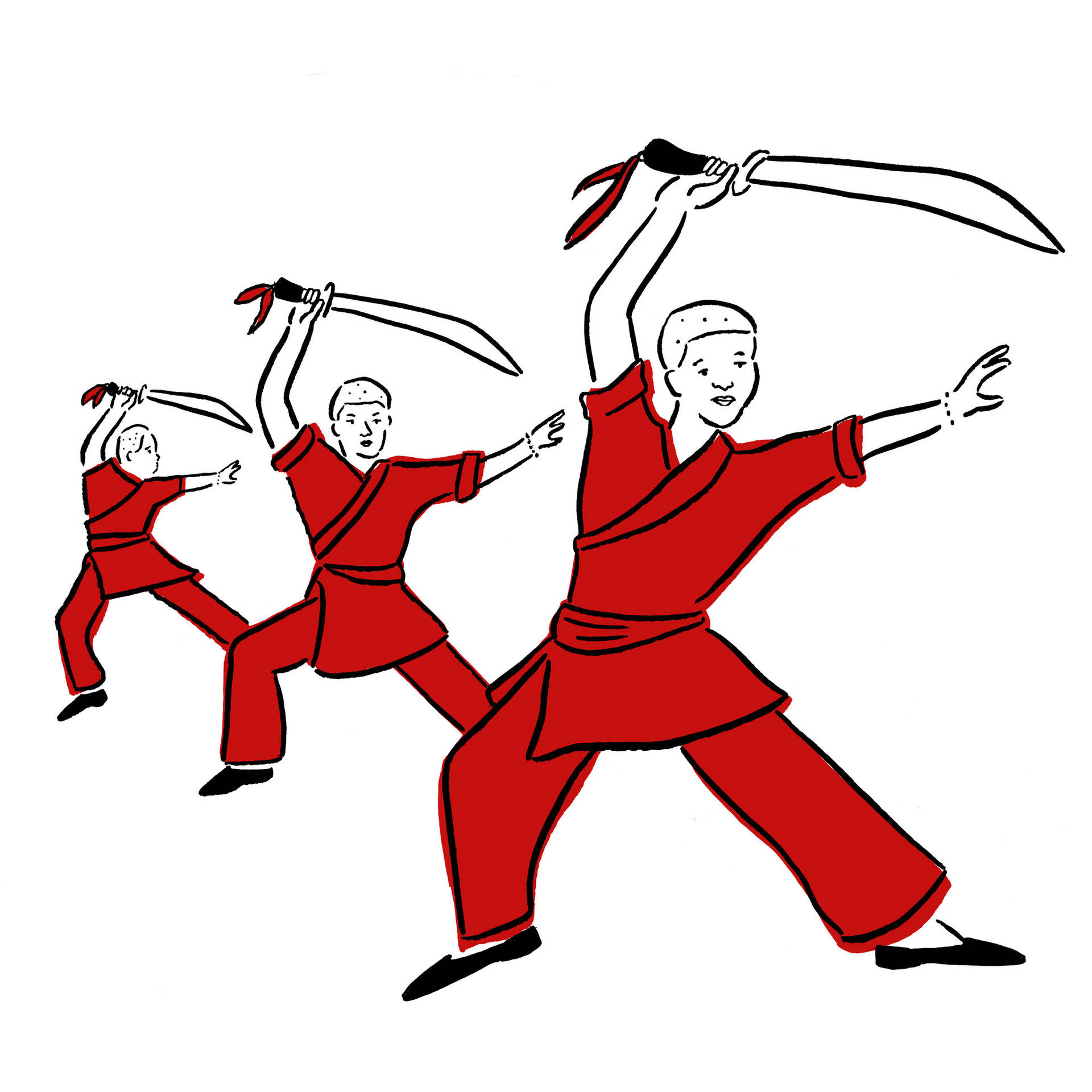 三個身穿紅色制服的男孩正在用彎刀練習武術。
