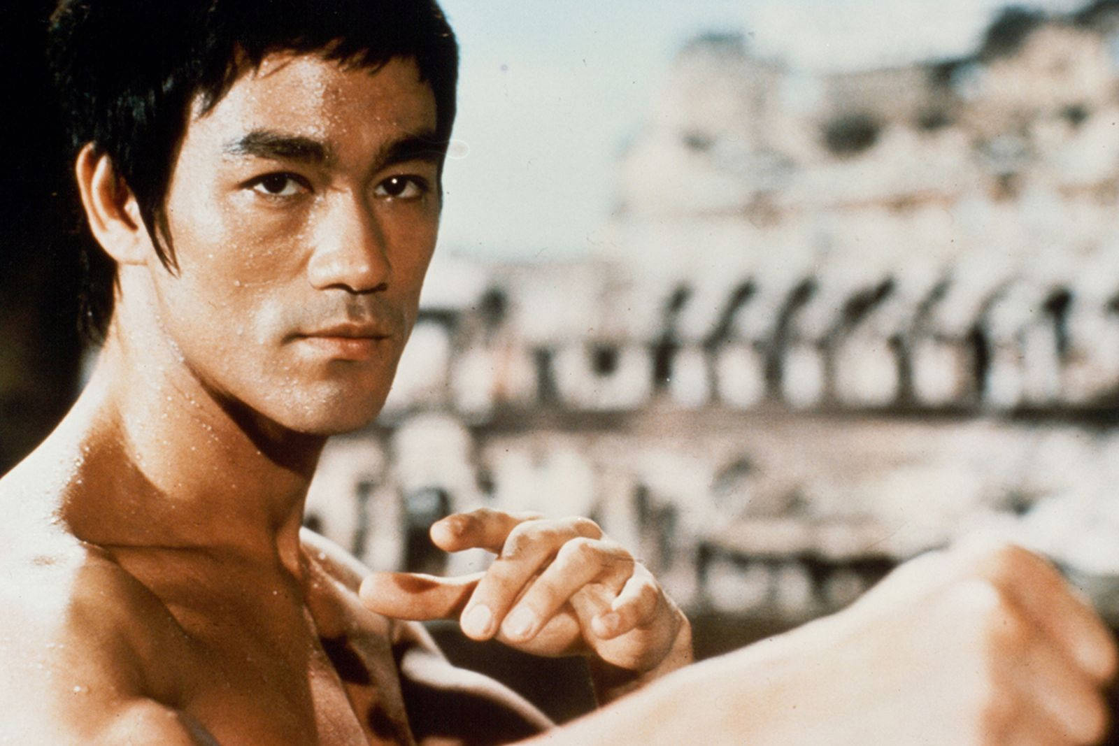 李小龍以專注的武術姿勢，皮膚上帶有汗水。