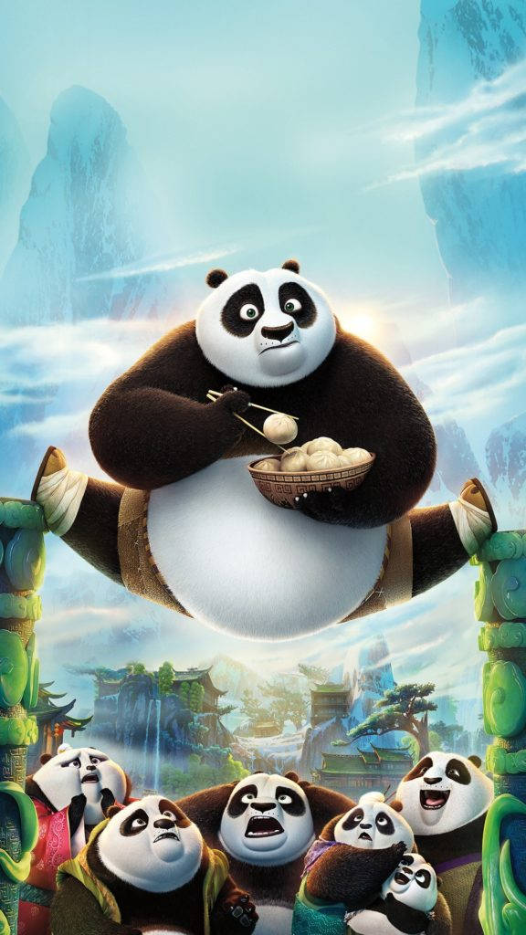 熊貓阿波漂浮手持餃子，他的族群在下方山谷中觀看。