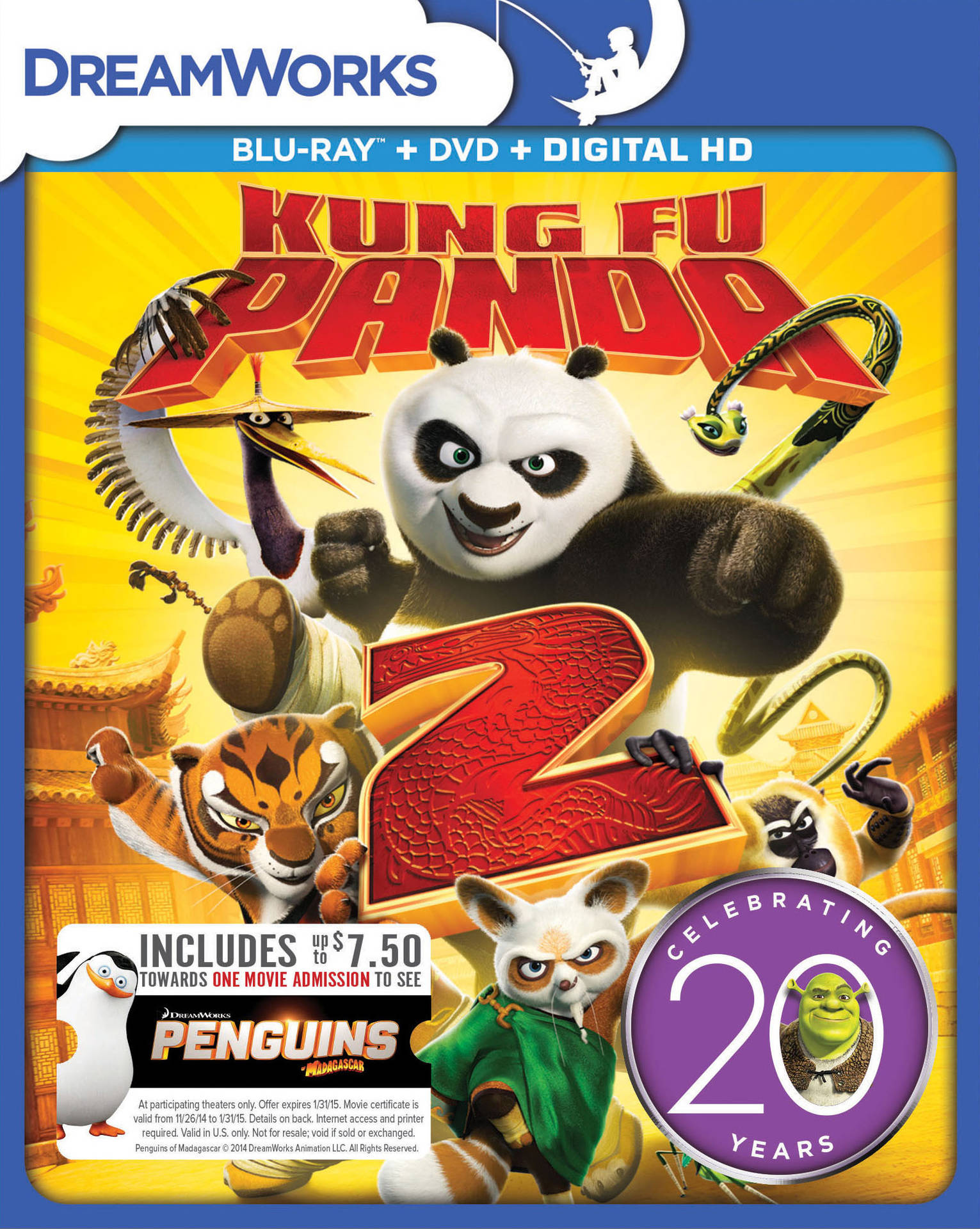 功夫熊貓2 20週年紀念DVD 壁紙 — 一張充滿活力的動畫電影封面，展示熊貓阿寶以動態武術姿勢，被他的色彩繽紛的朋友包圍，背景是金色中國風。