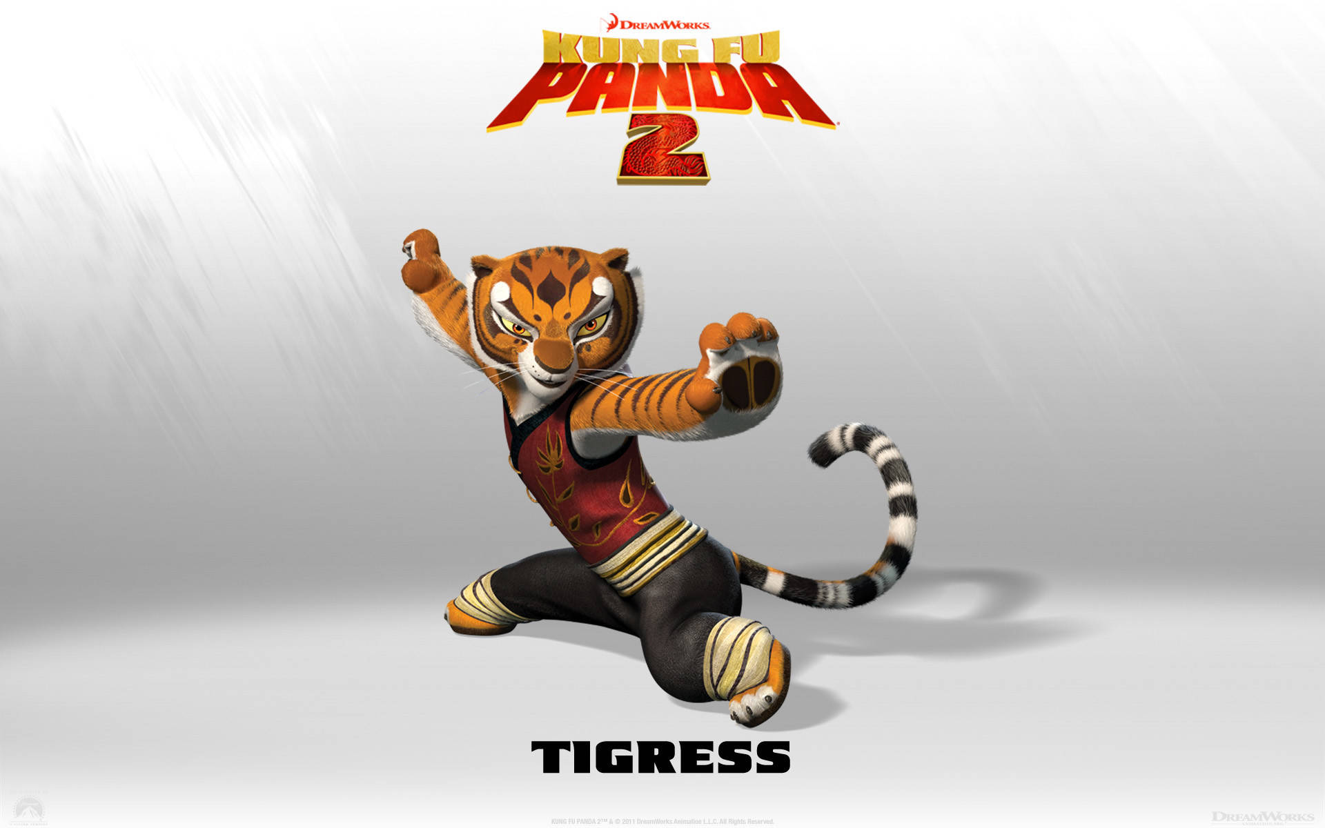 《功夫熊貓2》中的 Tigress 壁紙 — 功夫熊貓2中的悍嬌虎在簡約灰色背景前擺出強勁的武術姿勢。