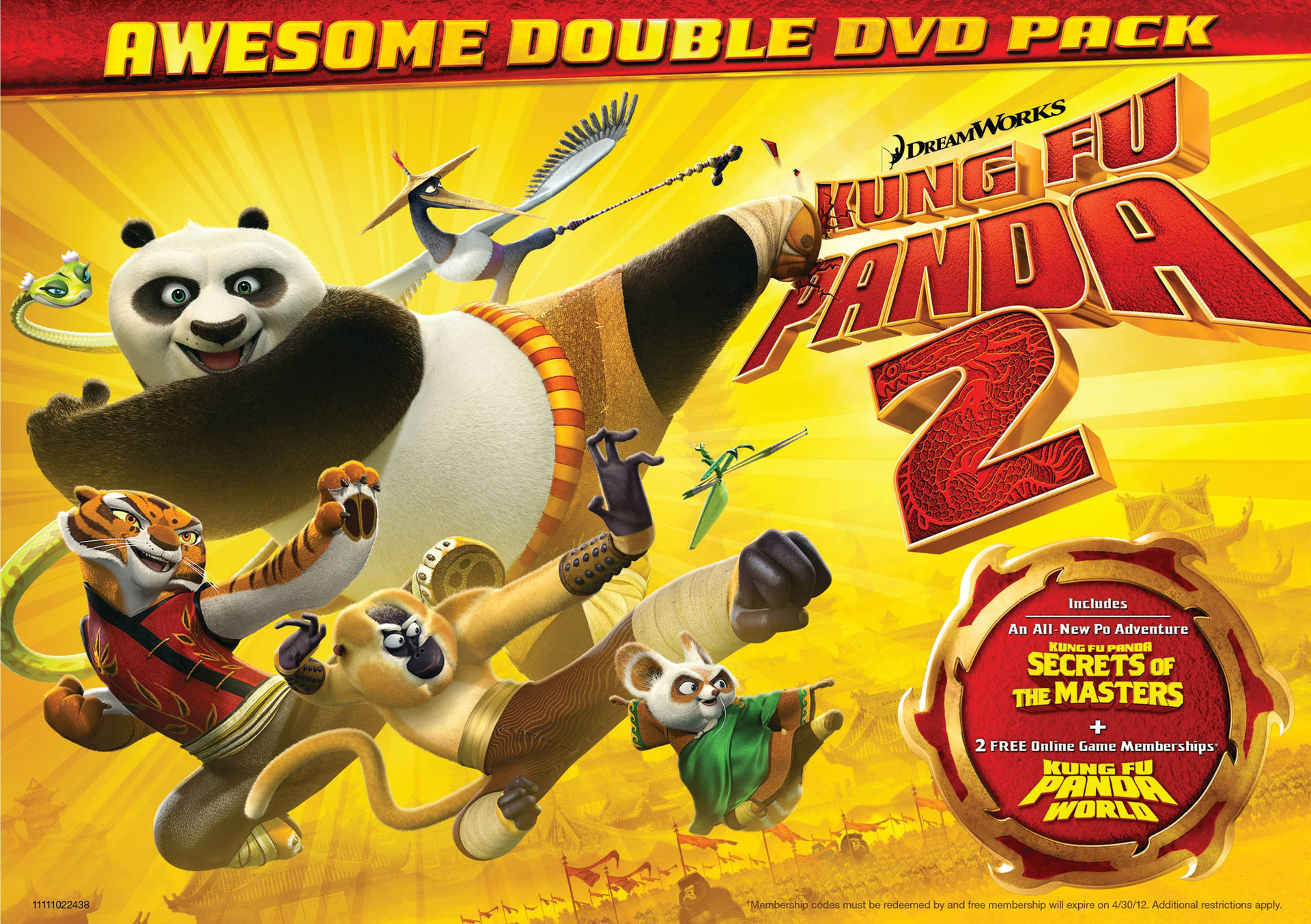 功夫熊貓2 雙碟DVD 壁紙 — 熊貓阿寶和他的朋友們在明亮的黃色背景上動態跳躍，構成充滿活力的動畫電影海報。