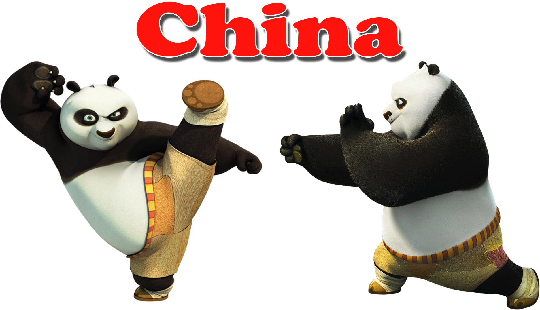 功夫熊貓中國背景 壁紙 — 兩隻動畫熊貓以武術姿勢站在黑色背景上，上方有紅色「China」文字。