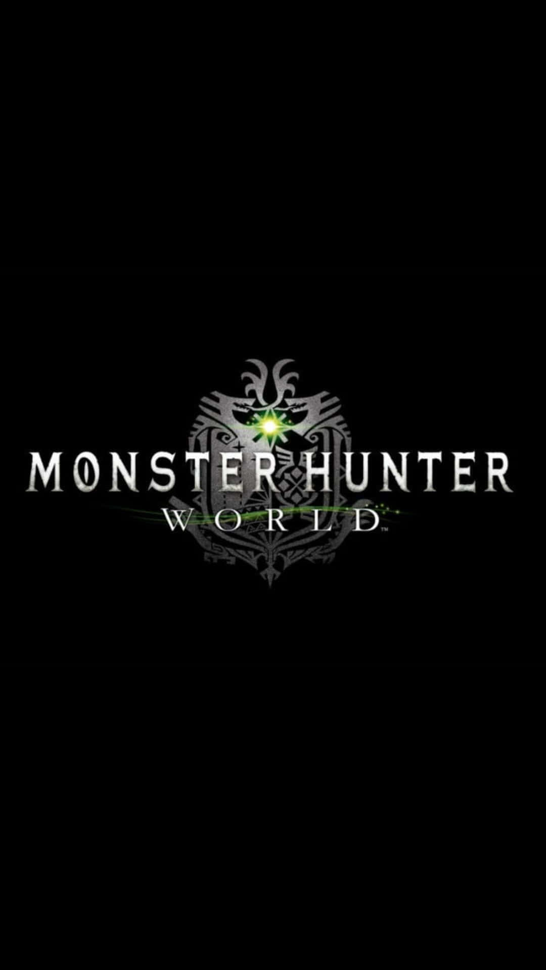 Monster Hunter World 遊戲標誌，黑色背景上帶有發光的綠色眼睛。