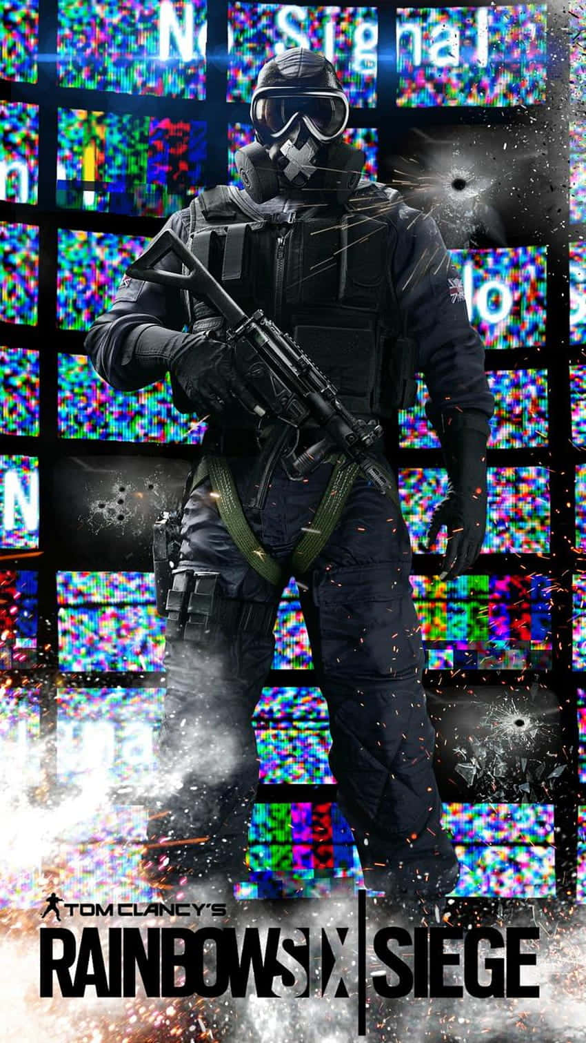 加入 Android 上的 Rainbow Six Siege 戰鬥！ 壁紙 — 一名全副武裝的戰術操作員站在一面充滿故障螢幕、彈孔和飛濺火花的牆壁中。