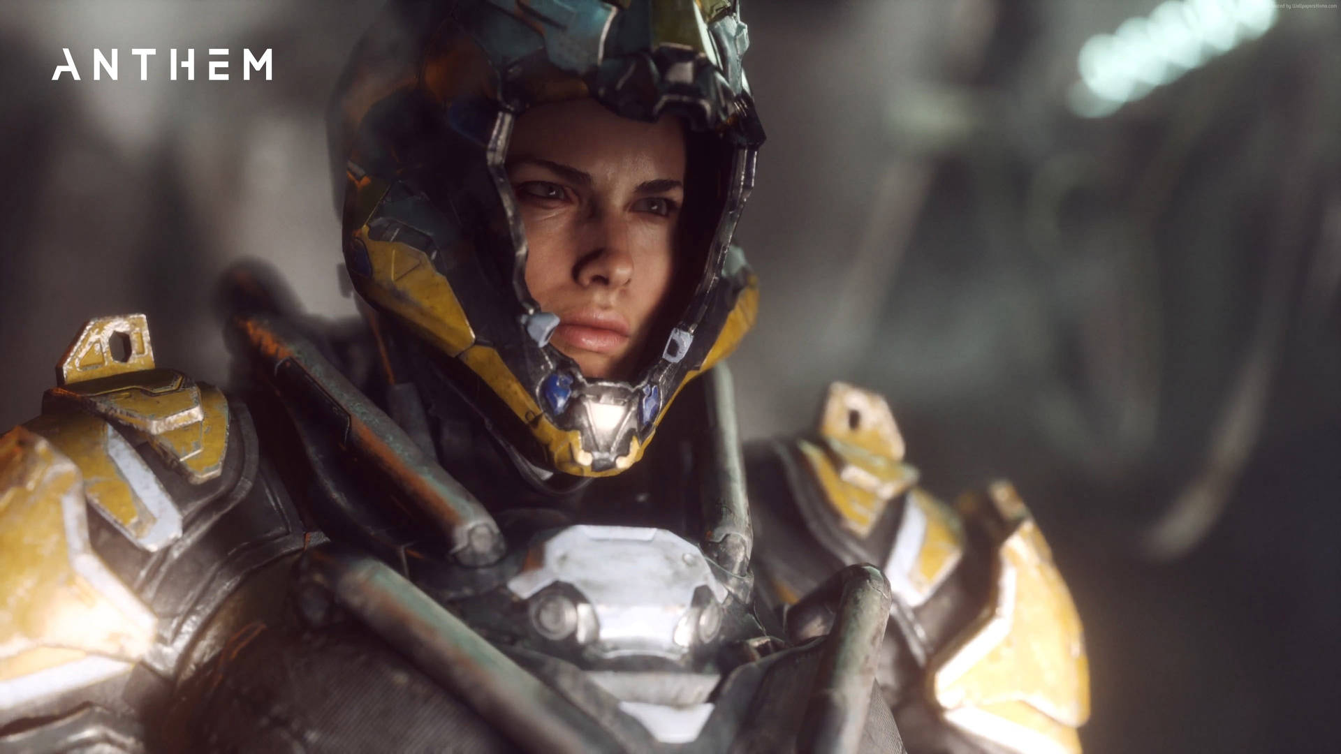 在昏暗工業環境中來自 Anthem 的嚴肅裝甲戰士。