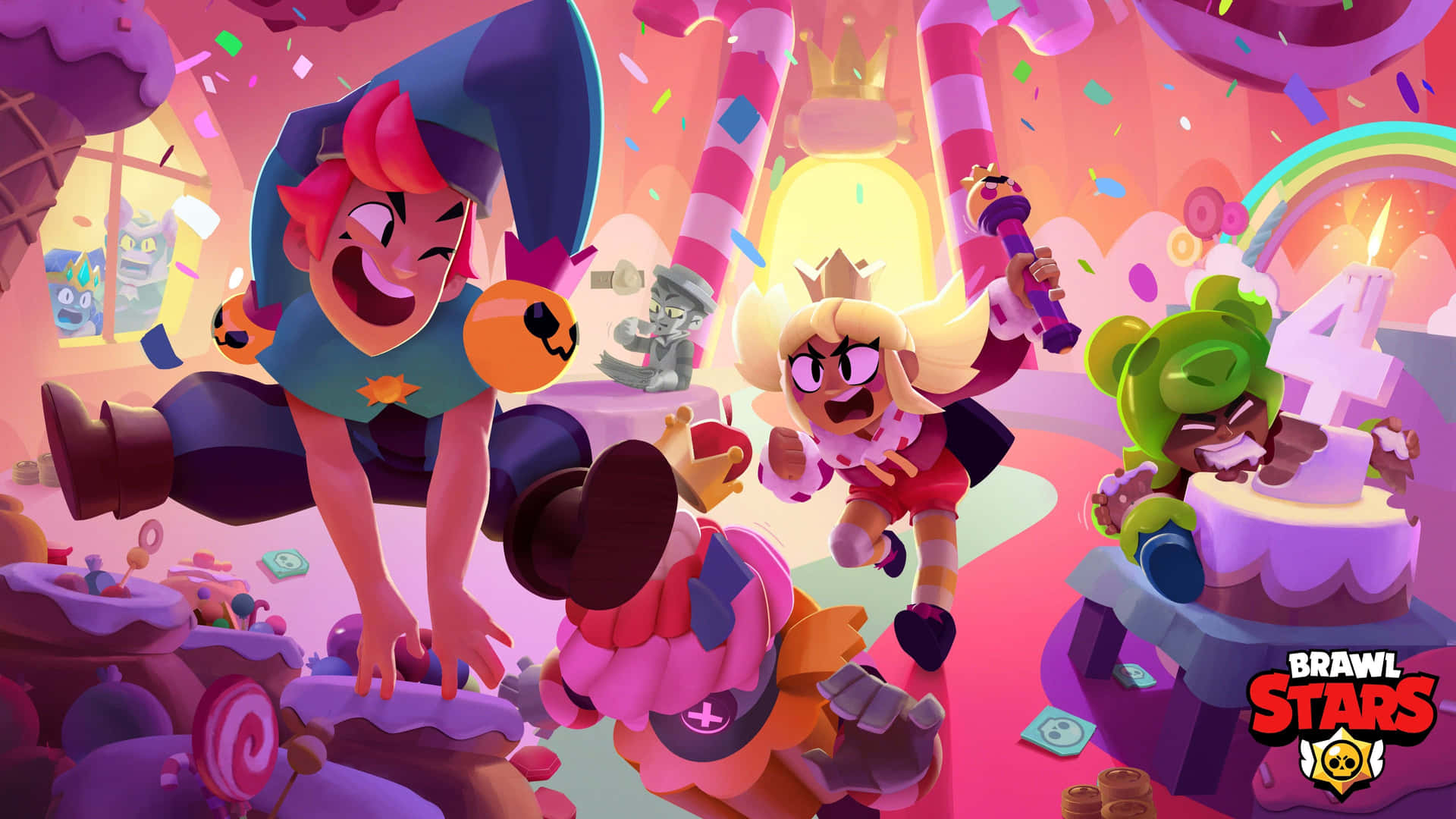 Brawl Stars 角色在糖果主題房間中用蛋糕和五彩紙屑慶祝生日。