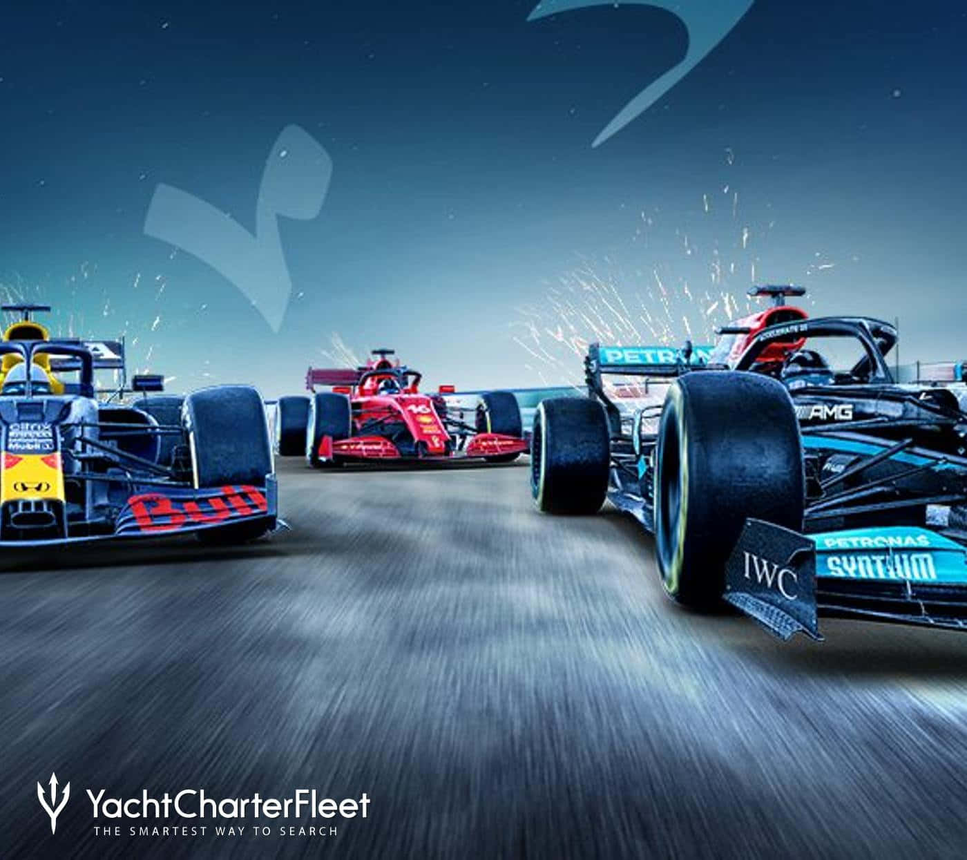 加入 F1 2016 的狂歡盛宴 壁紙 — 三輛一級方程式賽車在賽道上並排飛馳，火花四濺，天空中有風格化的標誌。