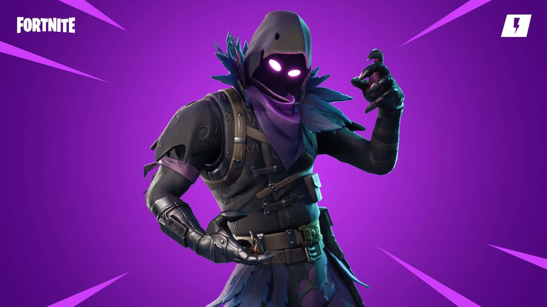 Fortnite角色，發光眼睛和暗色盔甲，紫色背景