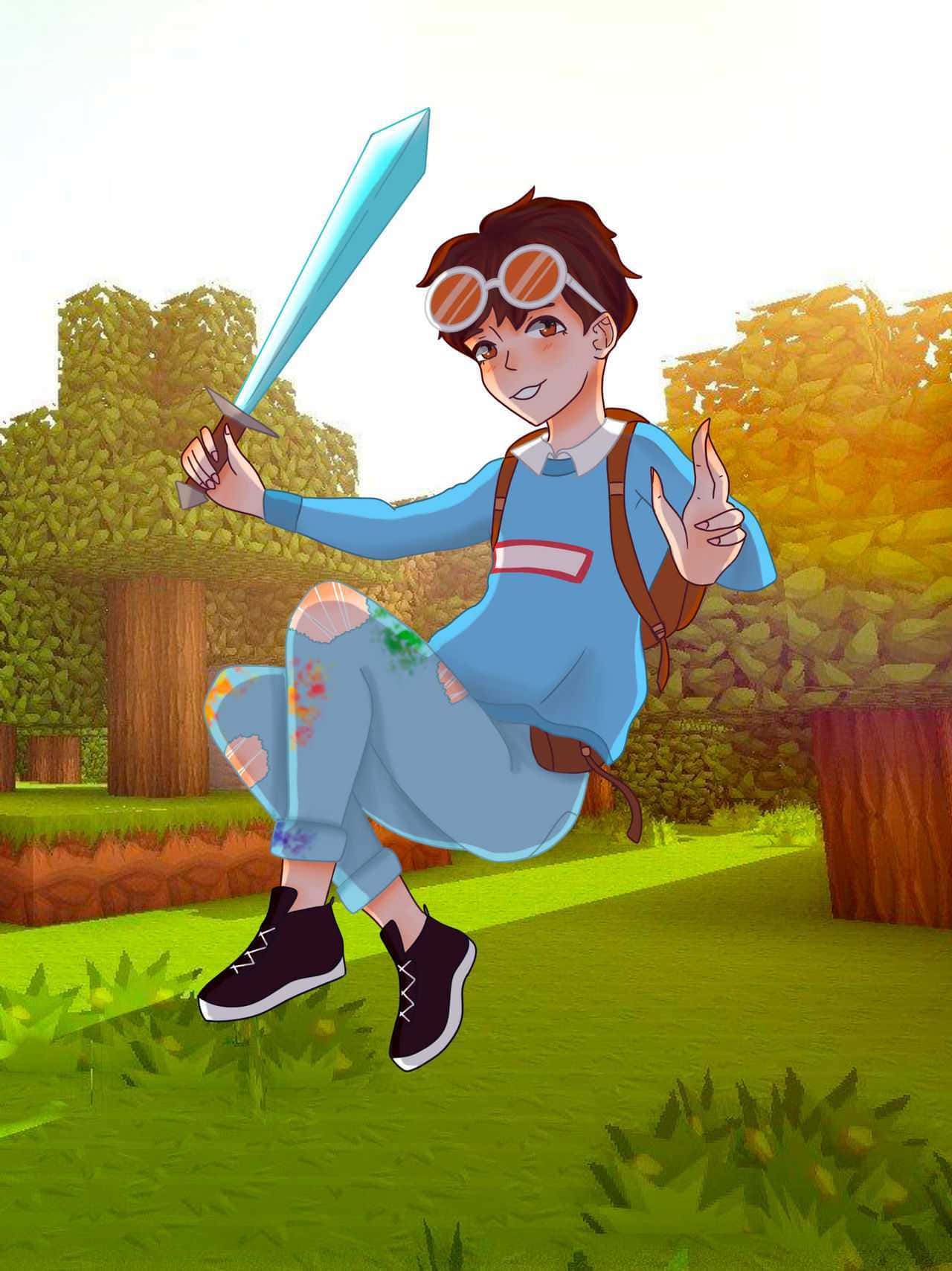 戴護目鏡的動畫男孩跳過方塊森林，手持發光劍。