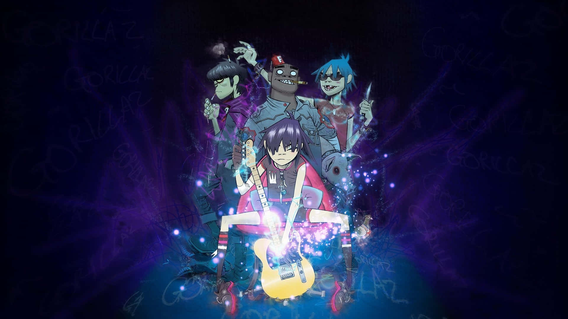 Gorillaz 樂隊成員在深紫色背景上以發光效果演奏音樂。