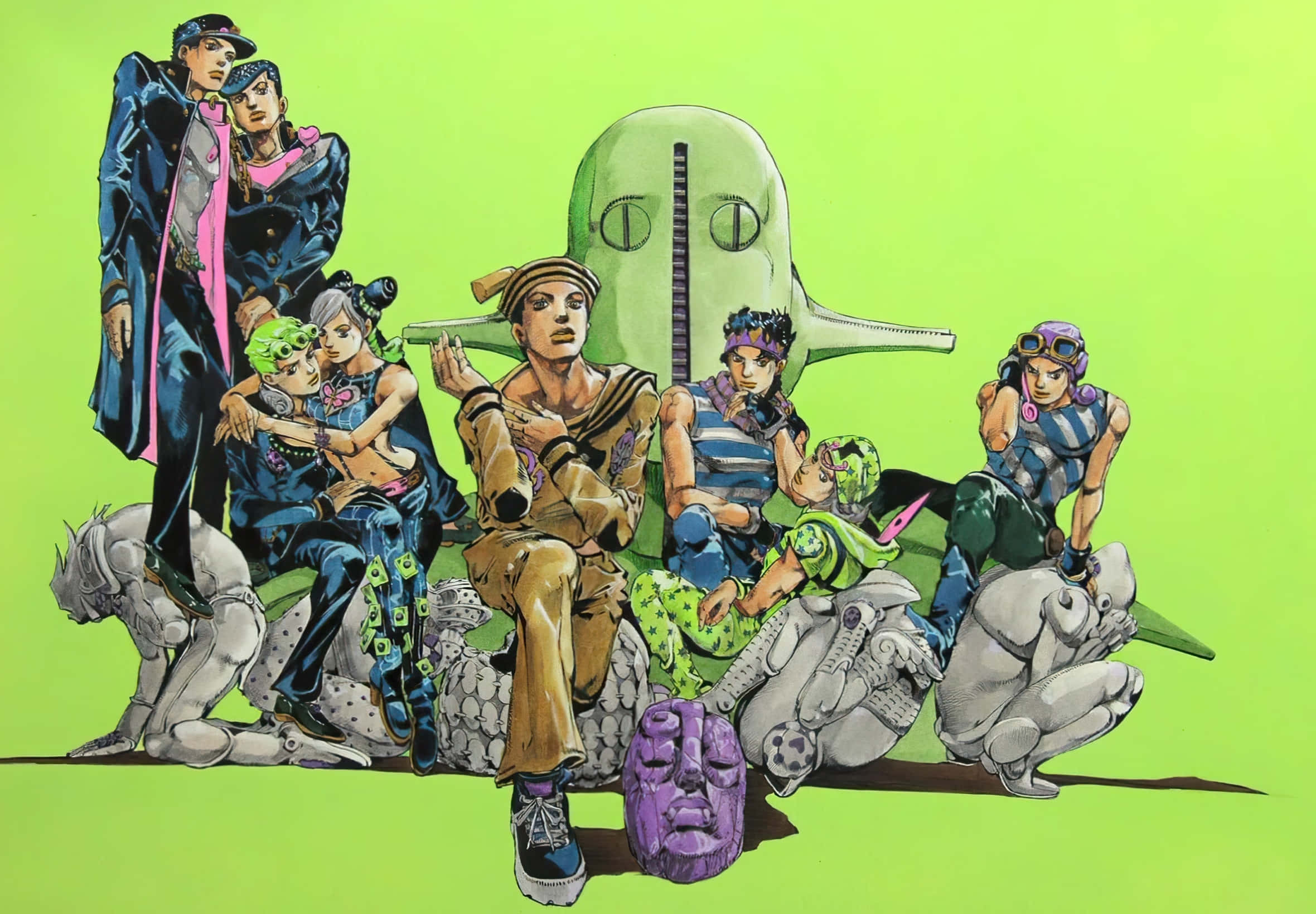 加入《JoJo的奇妙冒險》的卡茲與迪奧世界！ 壁紙 — 一群充滿活力的動漫角色，穿著獨特的服裝和配飾，在明亮的青檸綠色背景前擺姿勢。