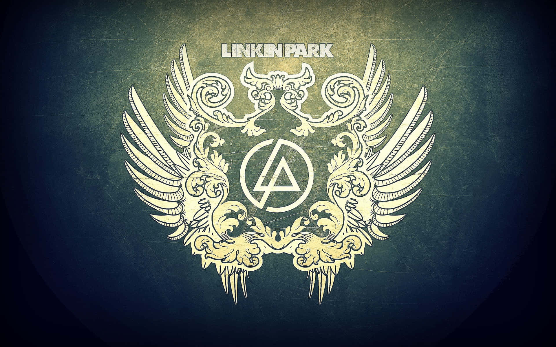 Linkin Park 樂隊標誌，帶有華麗翅膀，背景為深色紋理。