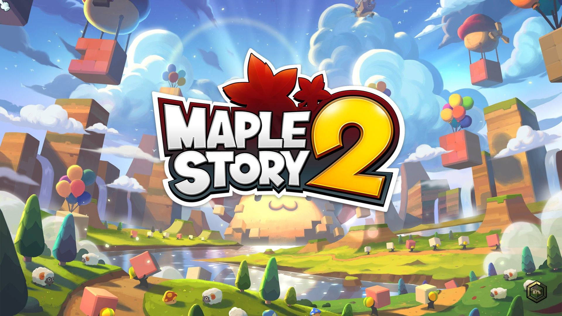 Maple Story 2遊戲標誌，位於色彩繽紛的漂浮島嶼景觀之上，有氣球和樹木。