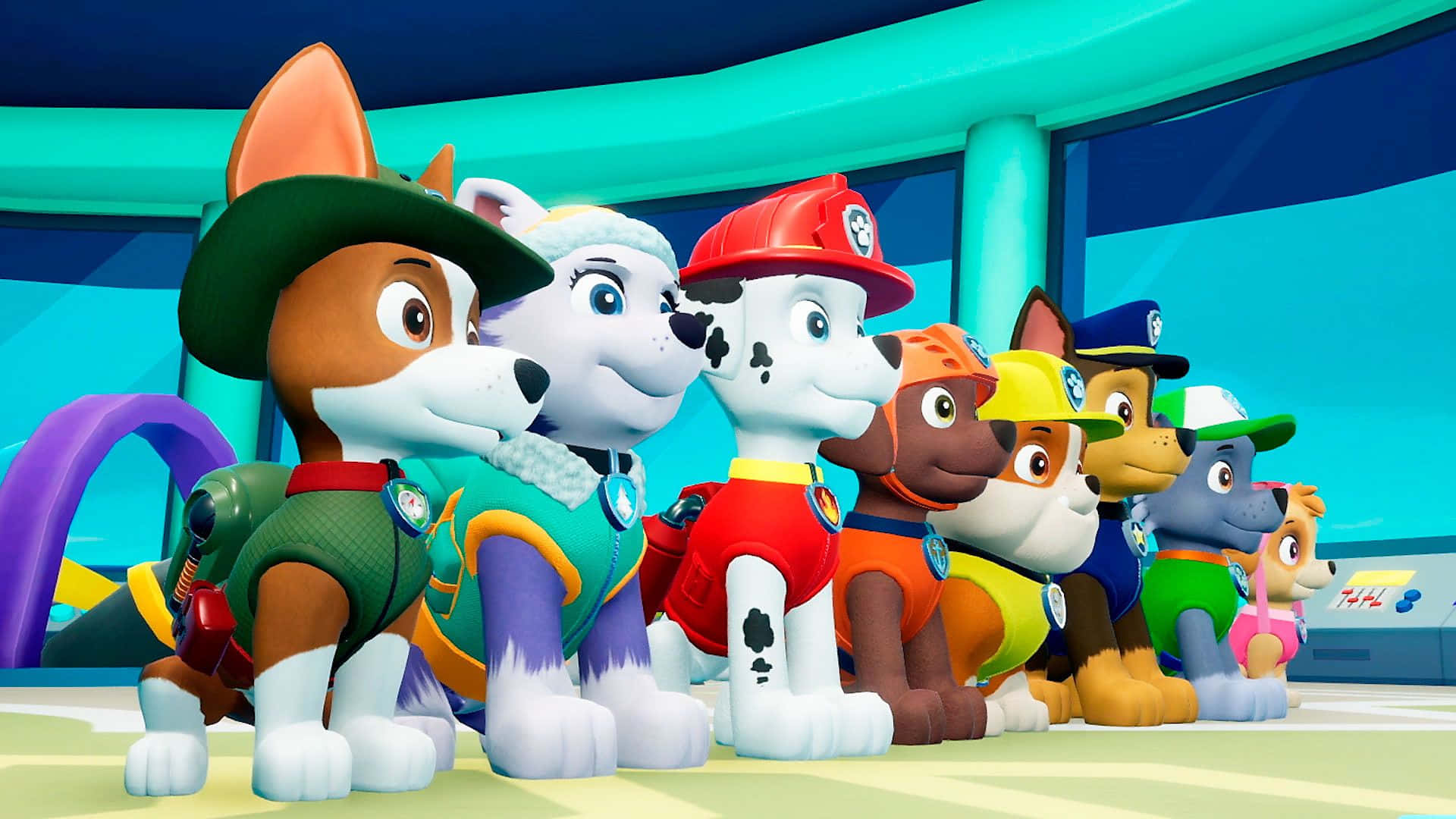 穿著救援裝備的Paw Patrol小狗站在指揮中心。