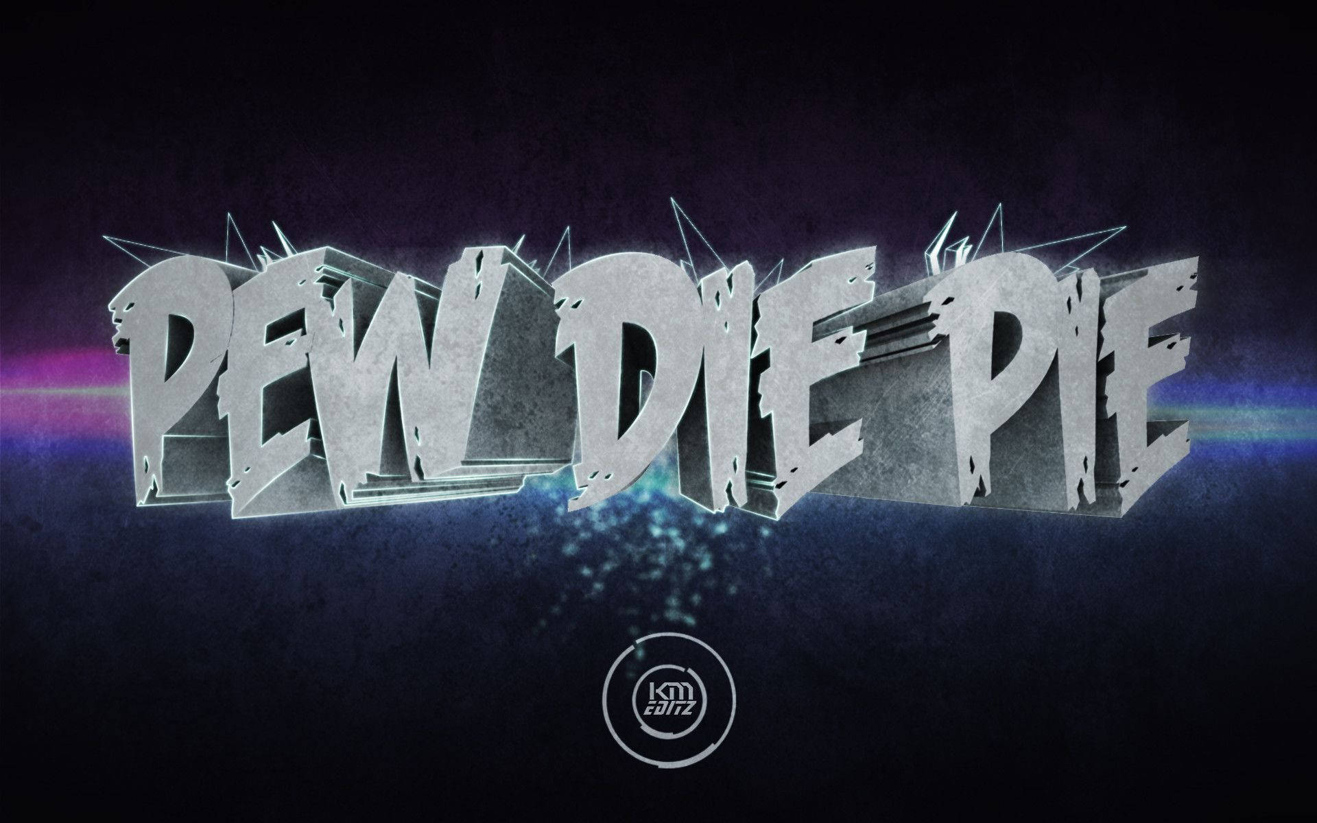 加入 PewDiePie 的世界……笑聲無限！ 壁紙 — 粗體金屬3D文字拼寫pew die pie，帶有發光的紫藍色鏡頭光暈，背景為深色紋理。